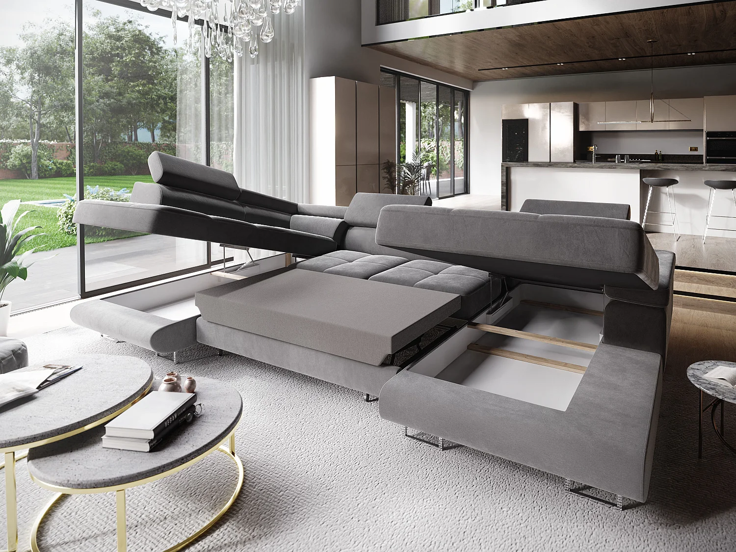 Canapé d'angle CASONE Beige en velours avec fonction de couchage