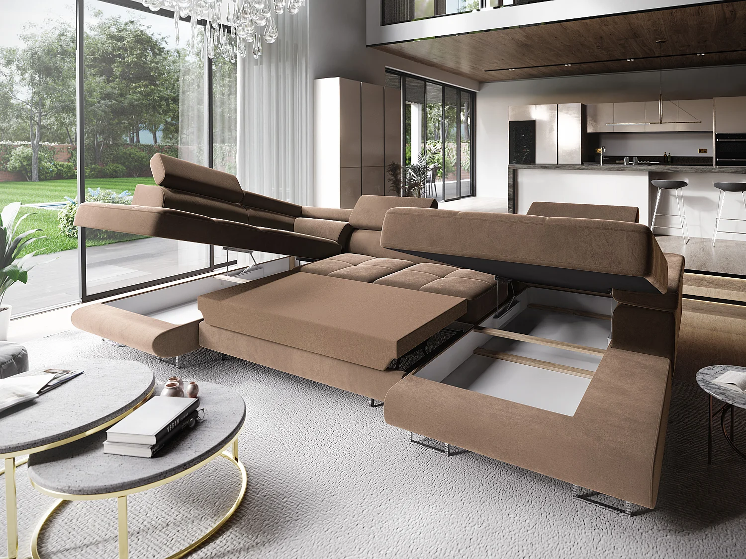 Canapé d'angle CASONE Beige en velours avec fonction de couchage