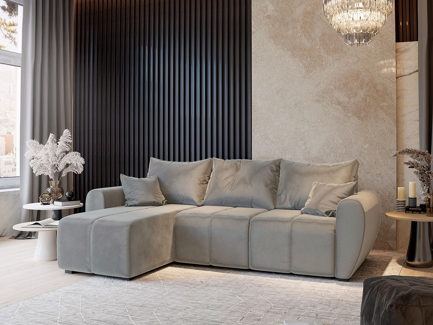 Canapé d'angle MADISON Beige en peluche avec fonction de couchage