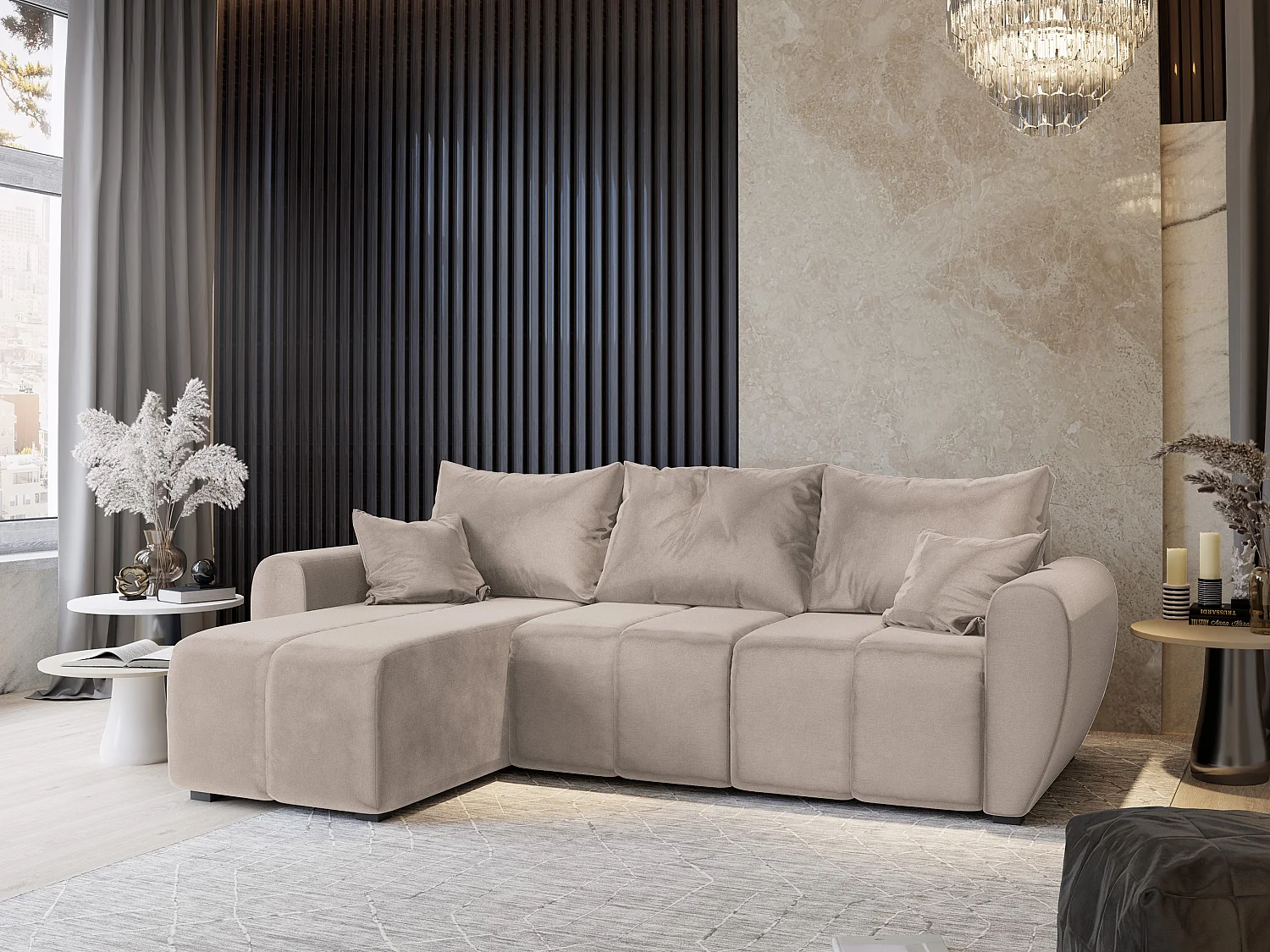 Canapé d'angle MADISON Beige en peluche avec fonction de couchage