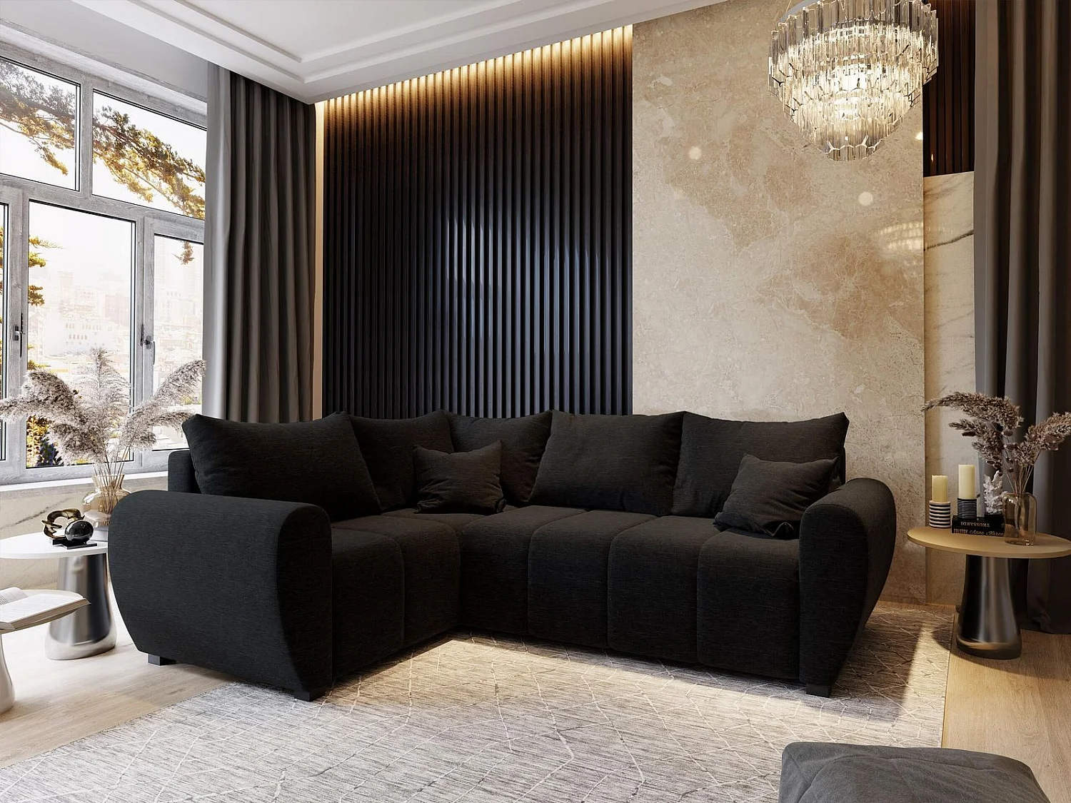 Canapé d'angle MADISON Noir en tissu texturé avec fonction de couchage