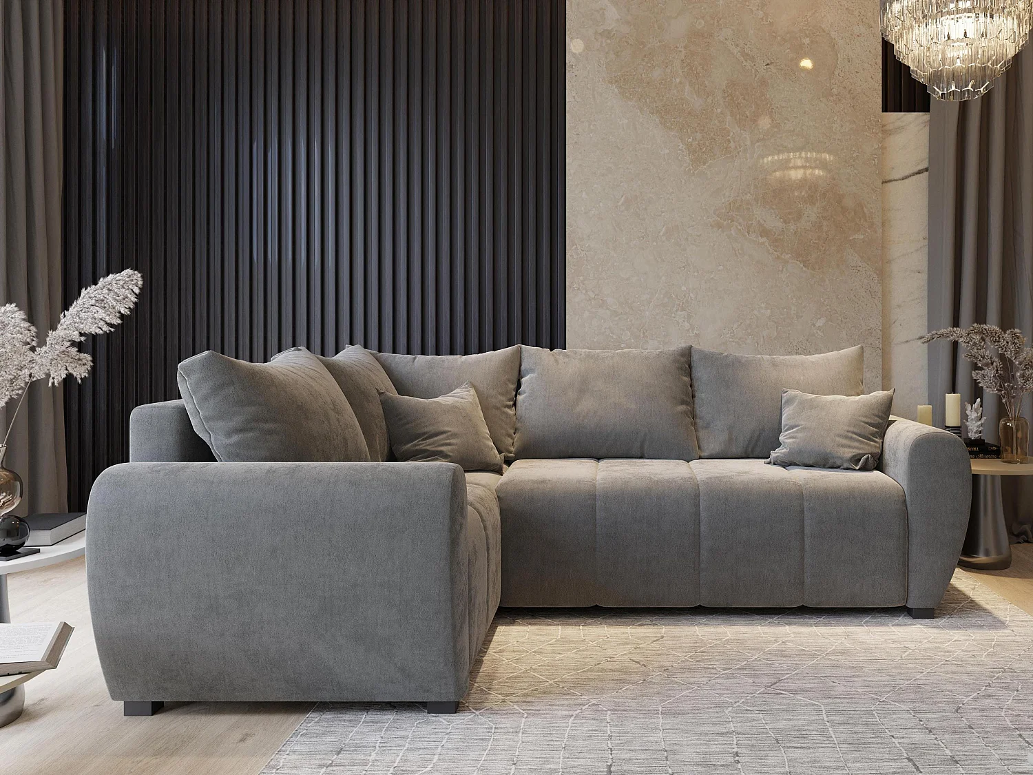 Canapé d'angle MADISON Noir en tissu texturé avec fonction de couchage