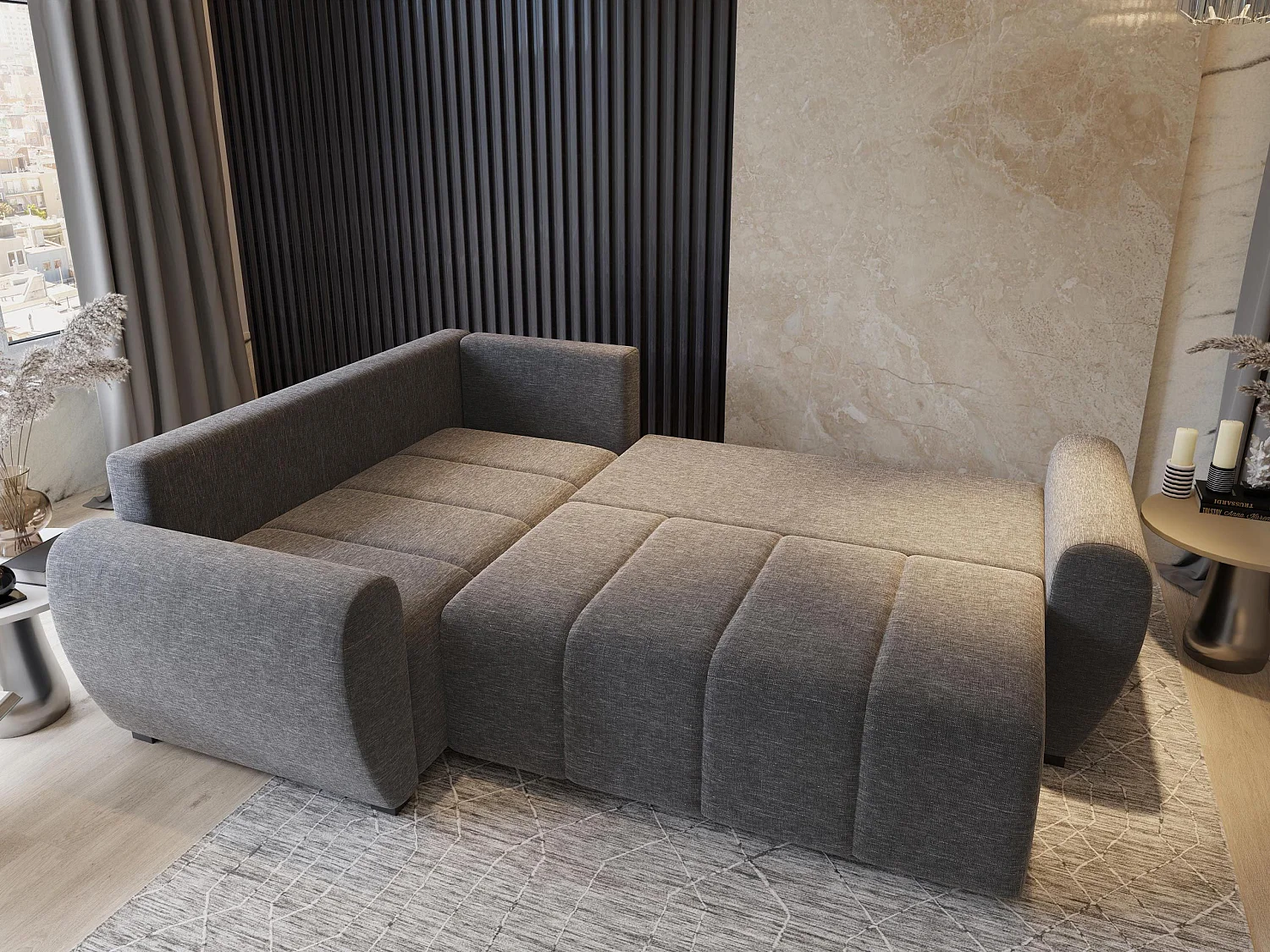 Canapé d'angle MADISON Noir en tissu texturé avec fonction de couchage