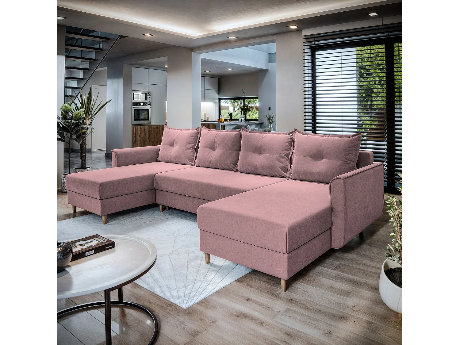 Canapé d'angle VERNI Rose poudré en peluche avec fonction de couchage