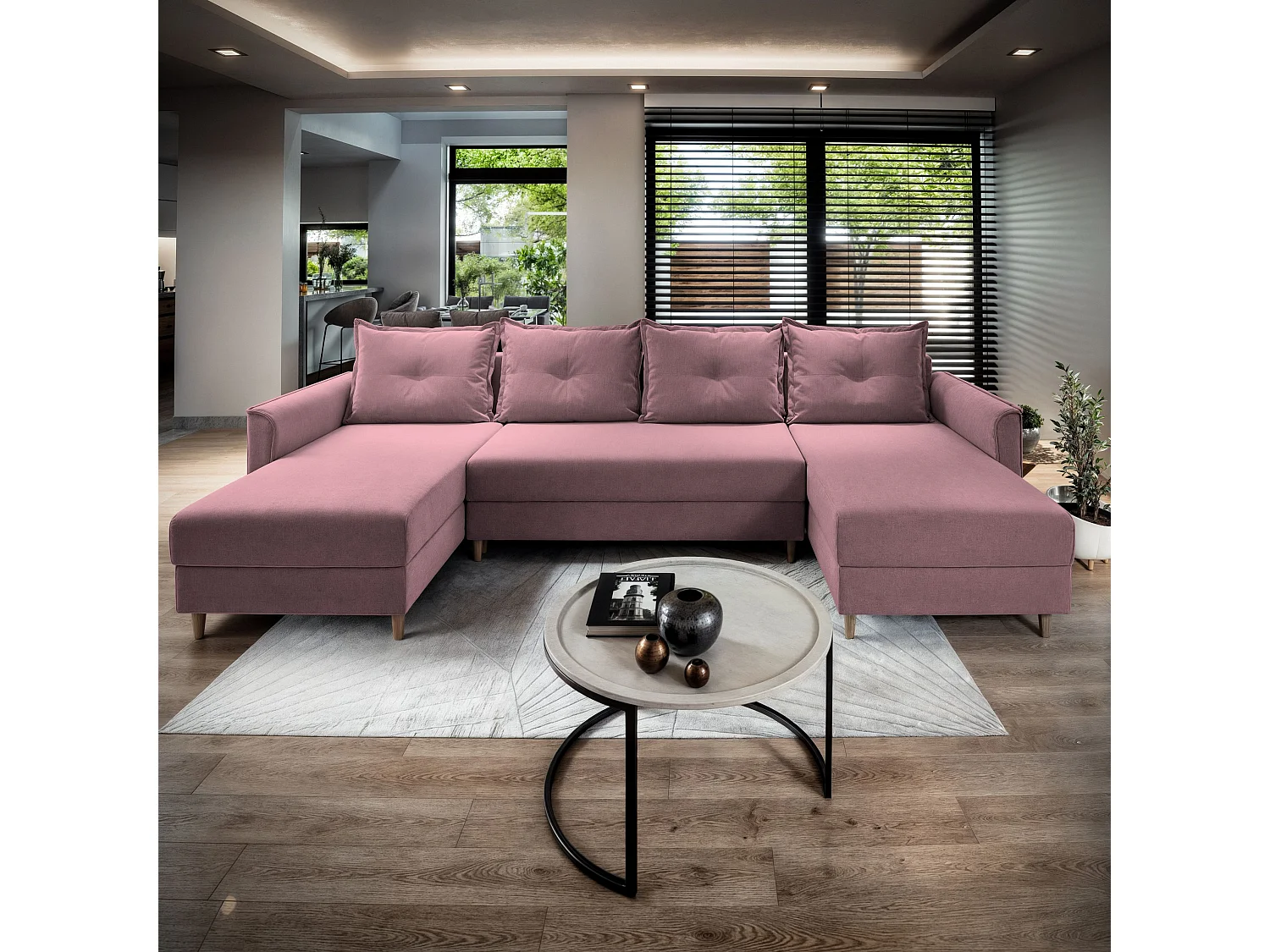 Canapé d'angle VERNI Rose poudré en peluche avec fonction de couchage