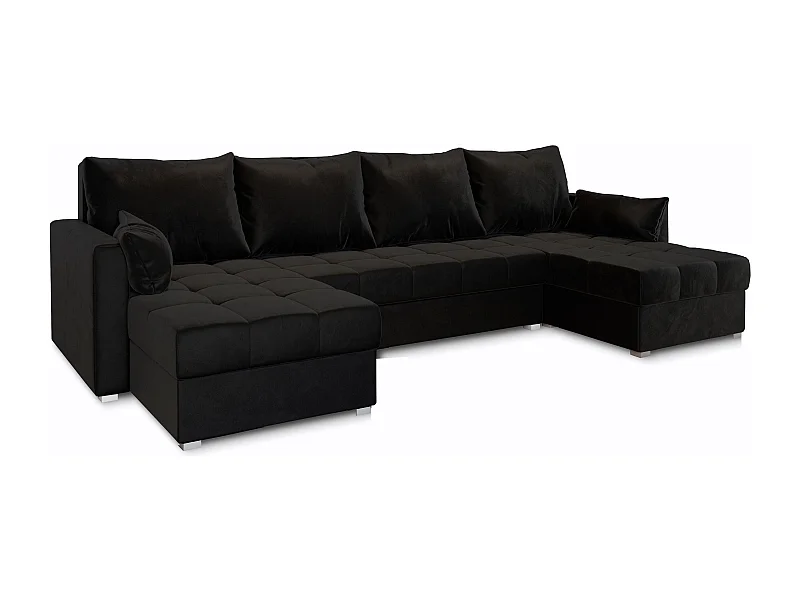 Canapé d'angle NAKO Noir en peluche avec fonction de couchage