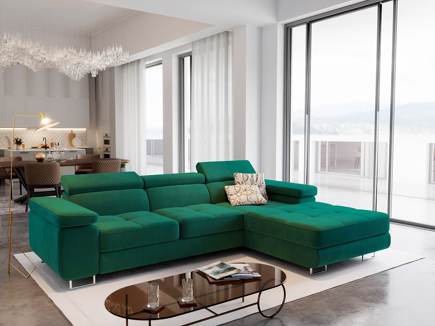 Hoekbank ELMA van fluweel met slaapfunctie Grün