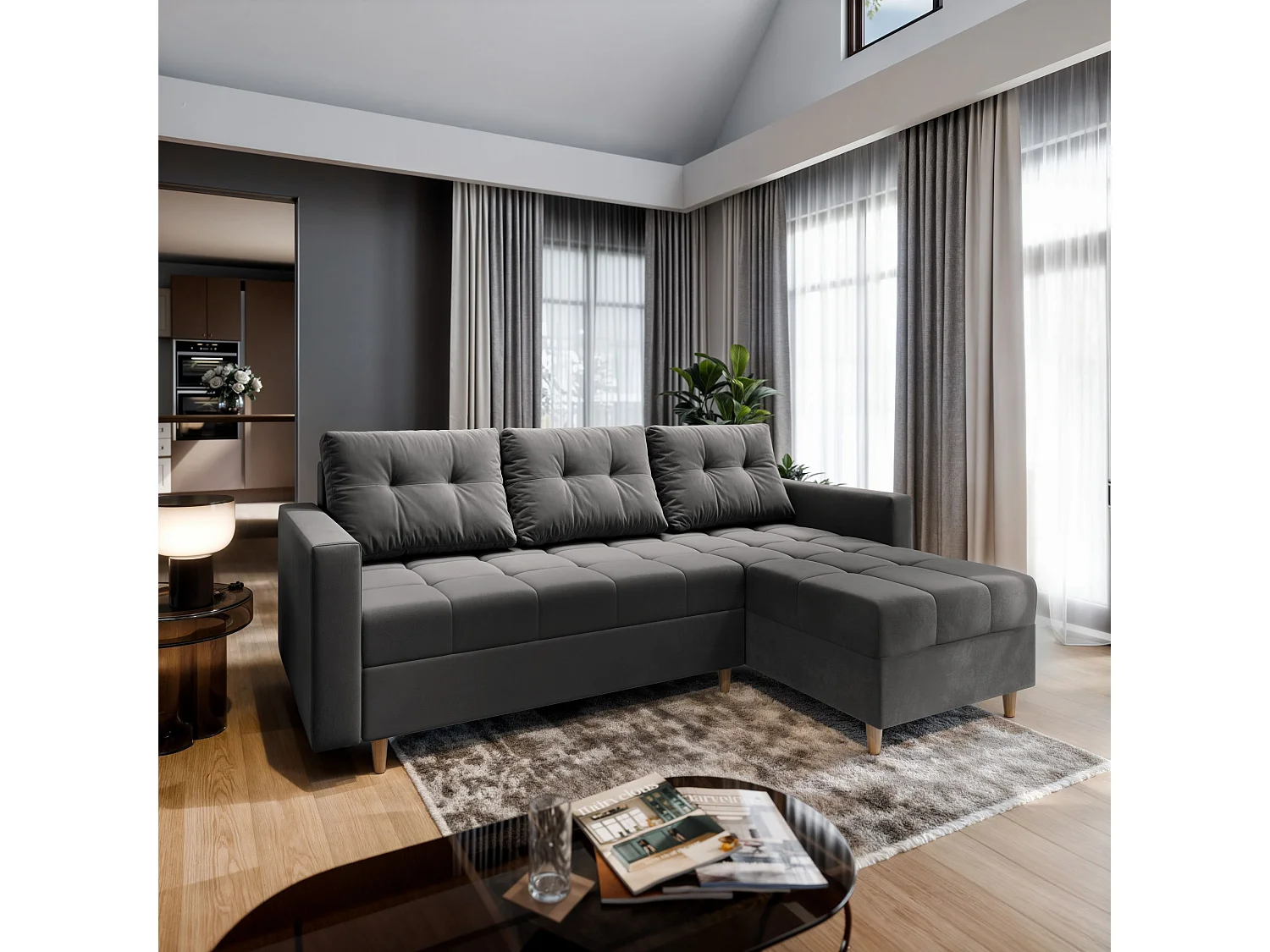 Canapé d'angle MILO Gris en peluche avec fonction de couchage