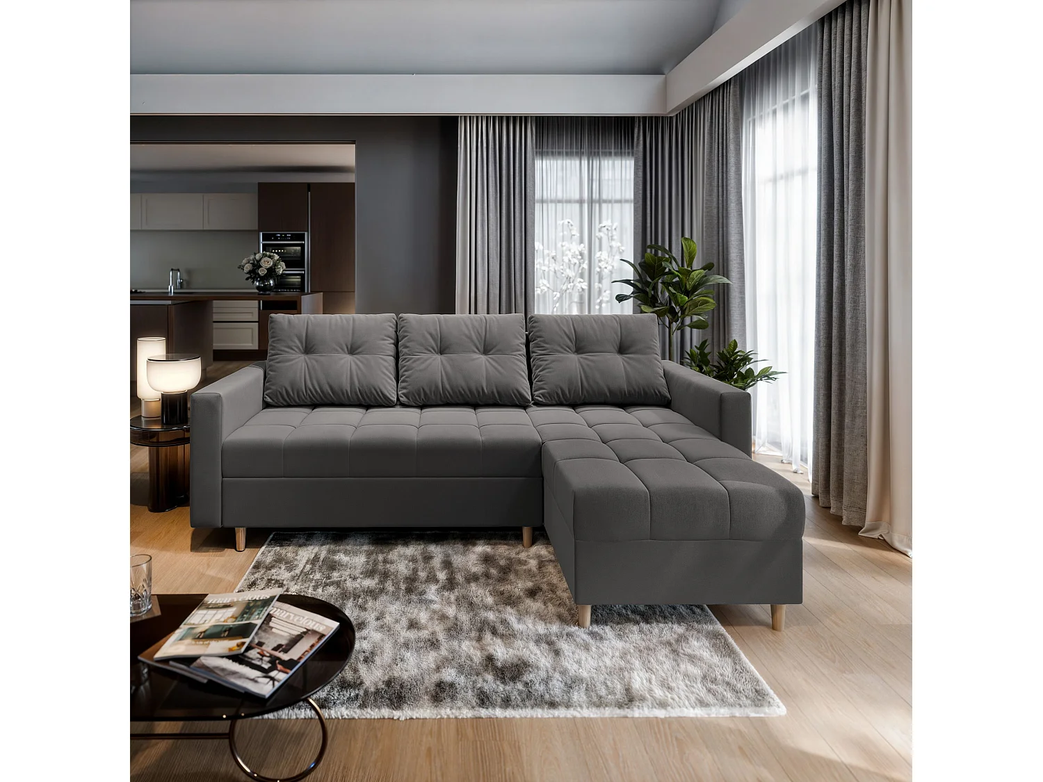 Canapé d'angle MILO Gris en peluche avec fonction de couchage