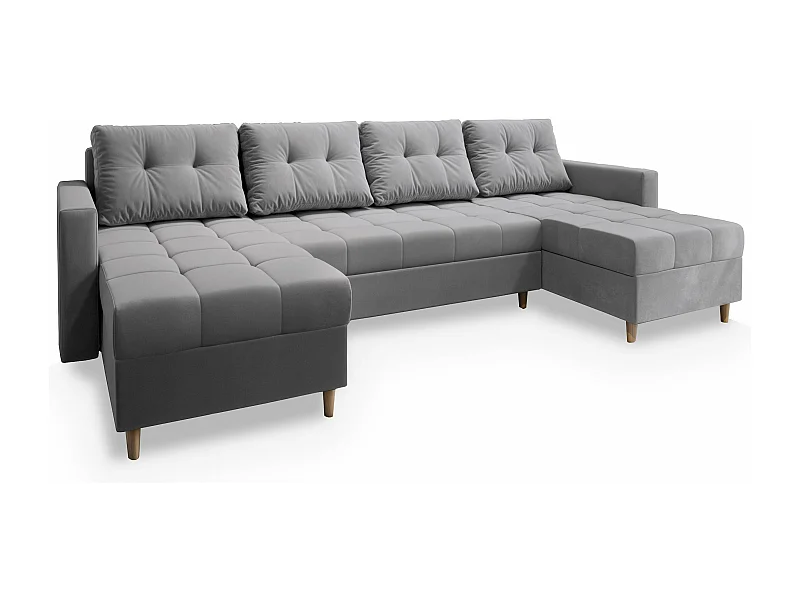 Canapé d'angle MILO Gris clair en peluche avec fonction de couchage