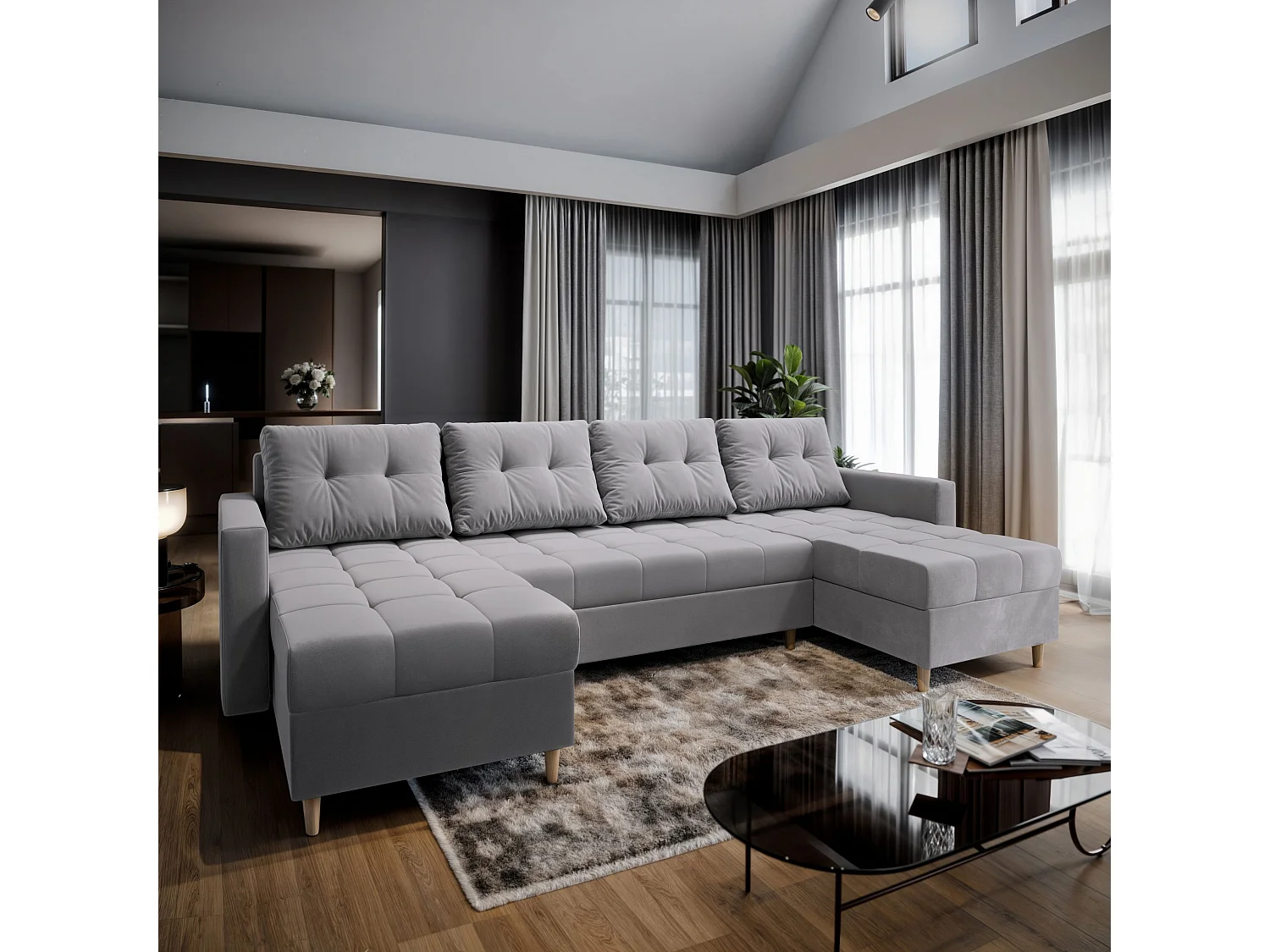 Canapé d'angle MILO Gris clair en peluche avec fonction de couchage