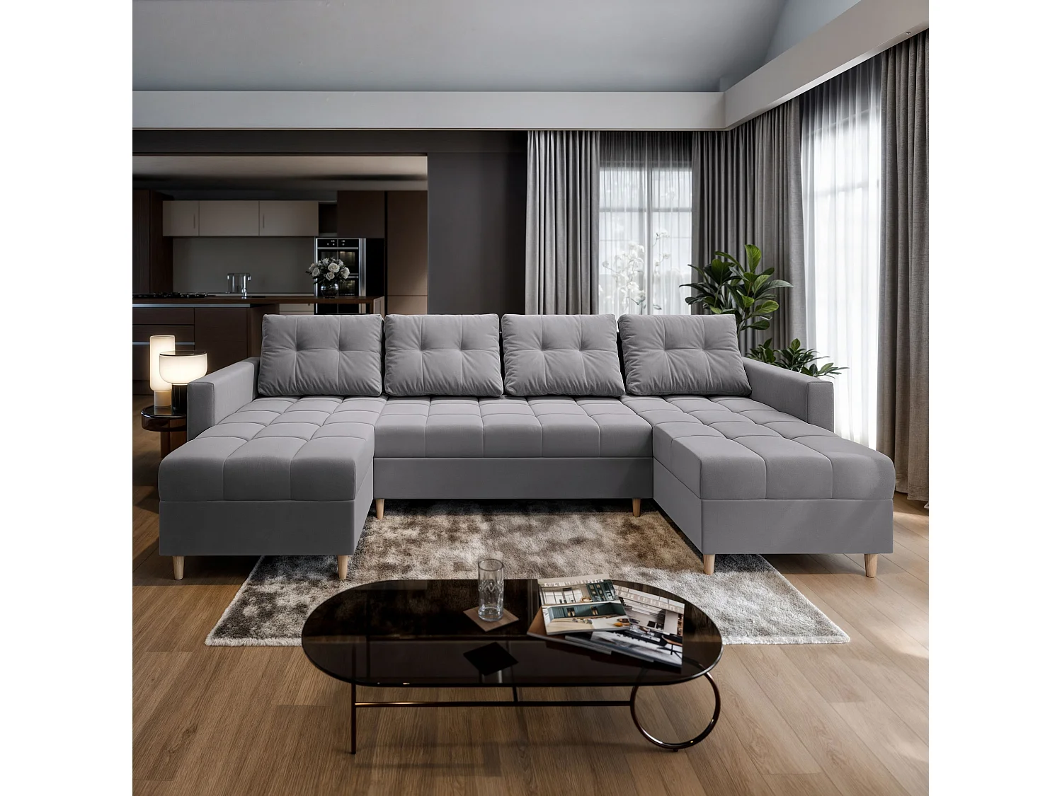 Canapé d'angle MILO Gris clair en peluche avec fonction de couchage