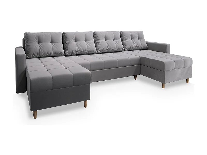 Canapé d'angle MILO Gris clair en peluche avec fonction de couchage