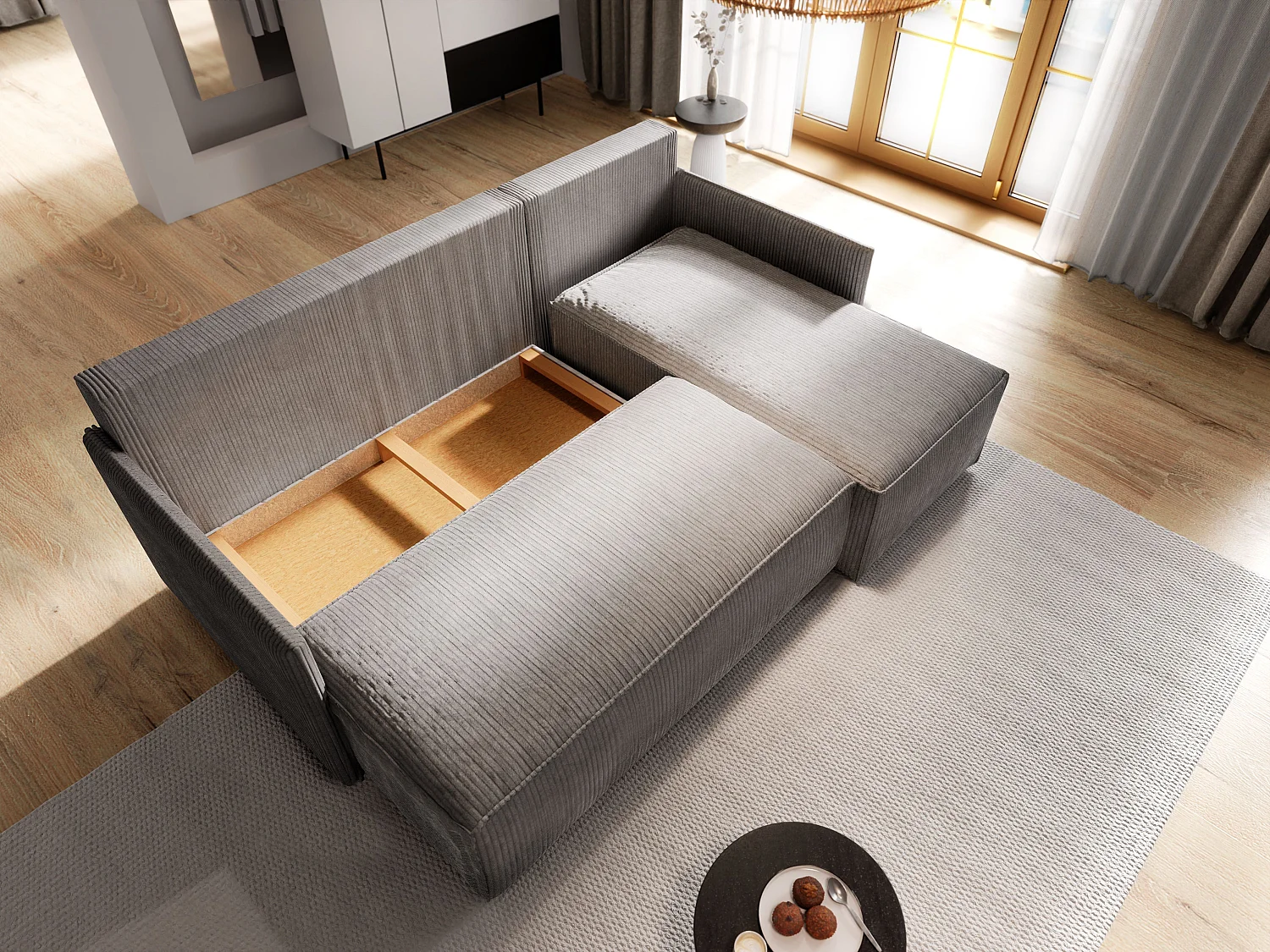 Canapé d'angle PERUSI Gris clair en velours côtelé avec fonction de couchage