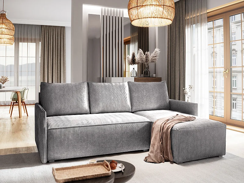 Canapé d'angle PERUSI Gris clair en velours côtelé avec fonction de couchage