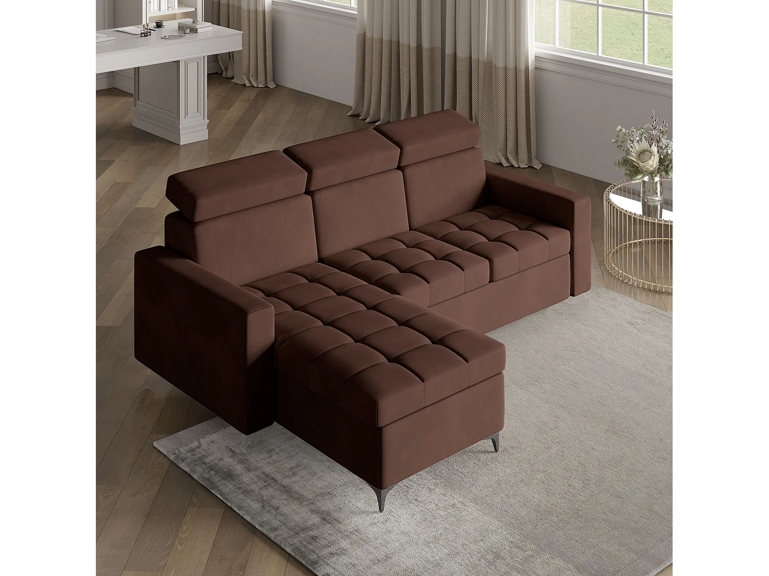 Canapé d'angle KAME Marron en peluche avec fonction de couchage