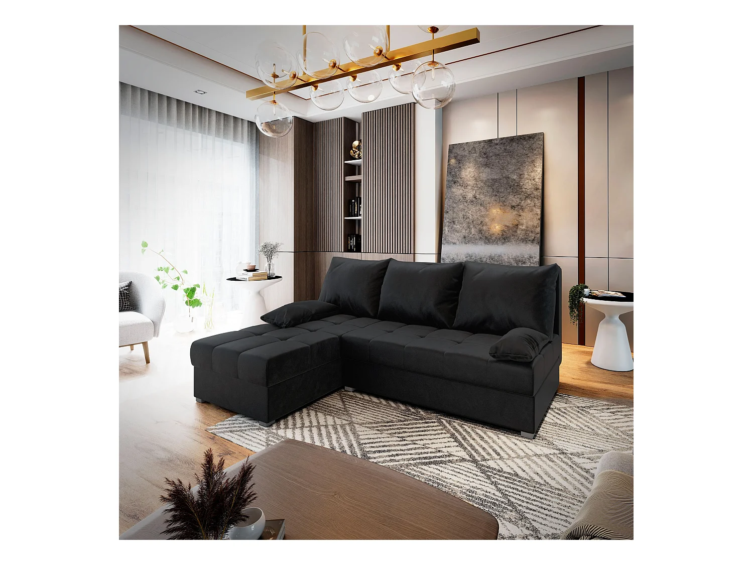 Canapé d'angle RITA Noir en peluche avec fonction de couchage