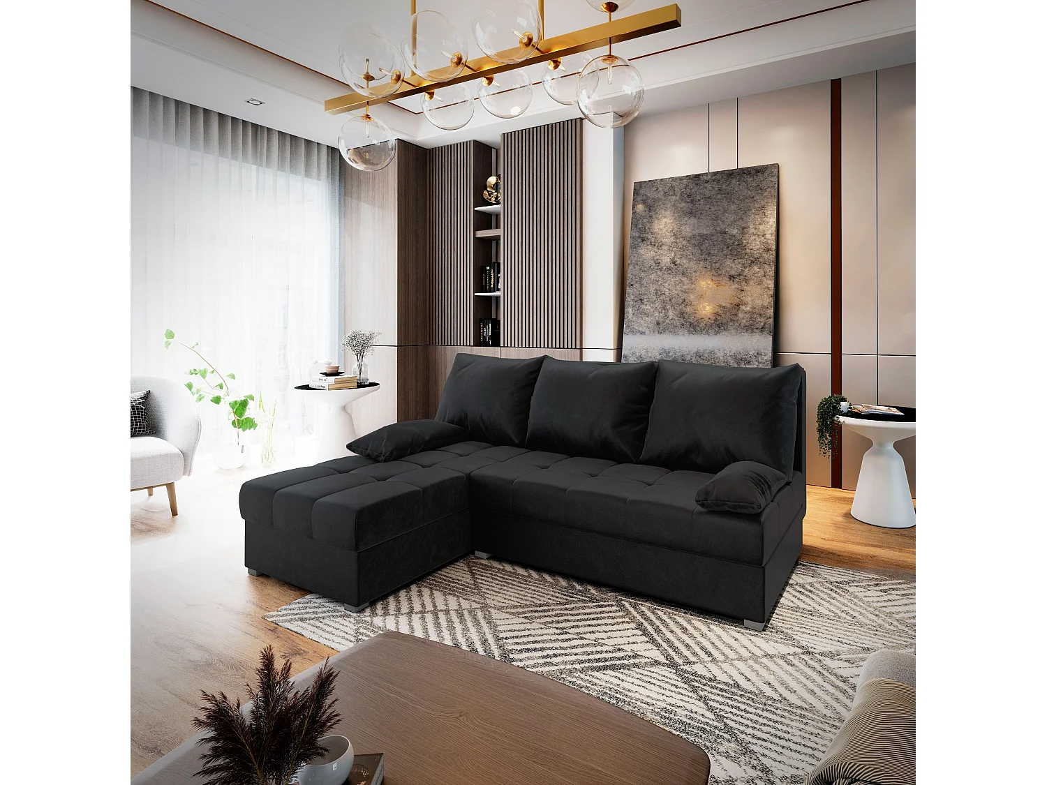 Canapé d'angle RITA Noir en peluche avec fonction de couchage