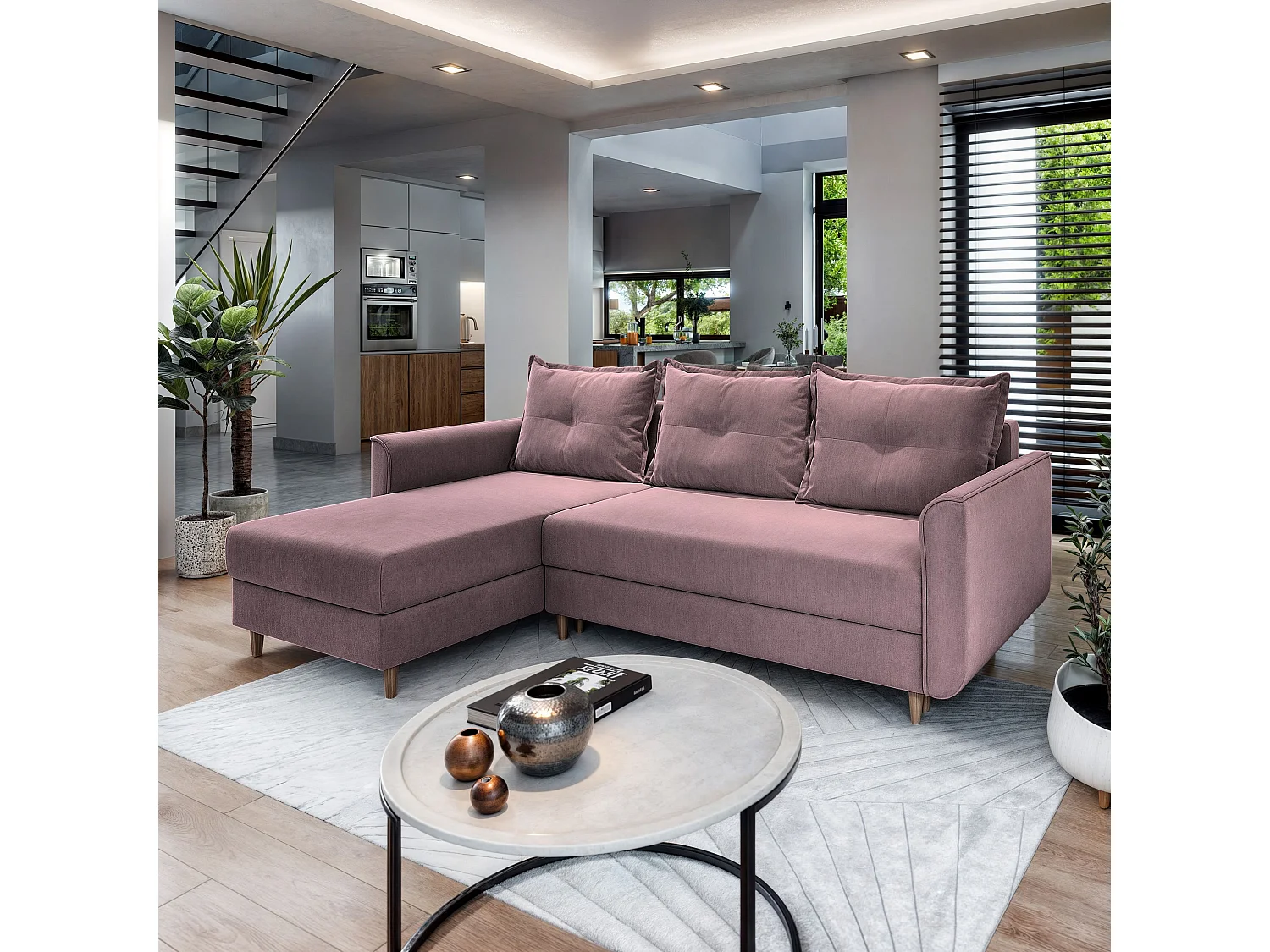 Canapé d'angle PISAN Rose poudré en peluche avec fonction de couchage