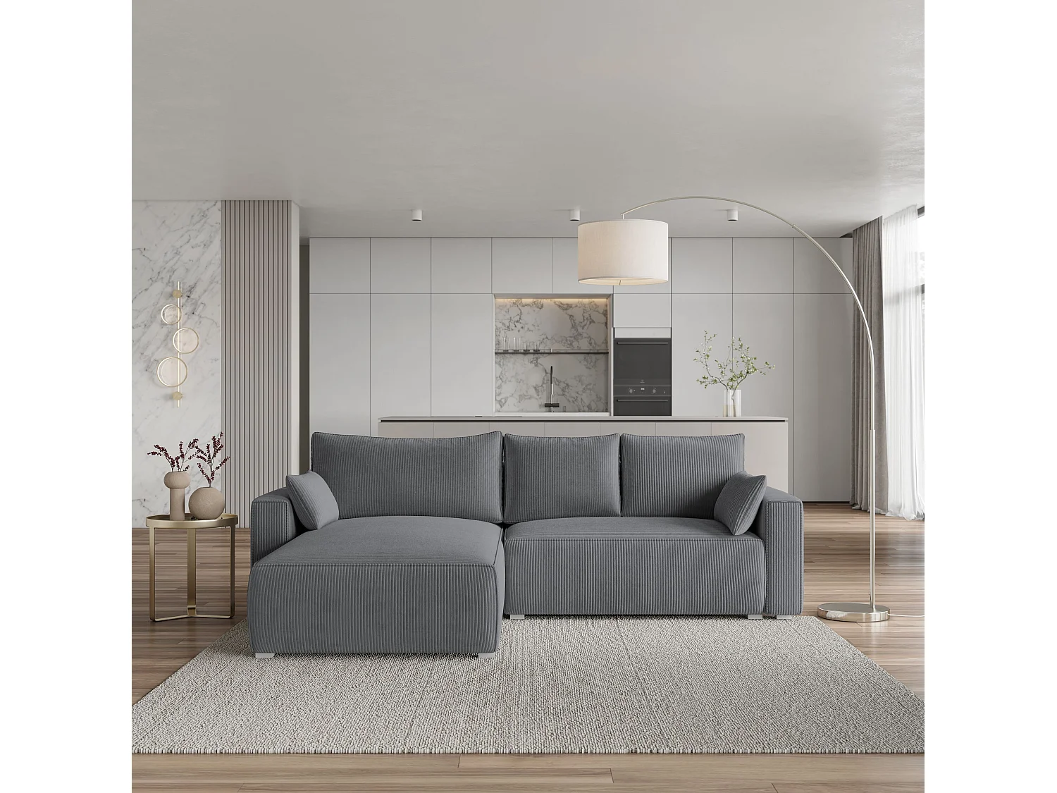 Canapé d'angle FORIL Gris en velours côtelé avec fonction de couchage