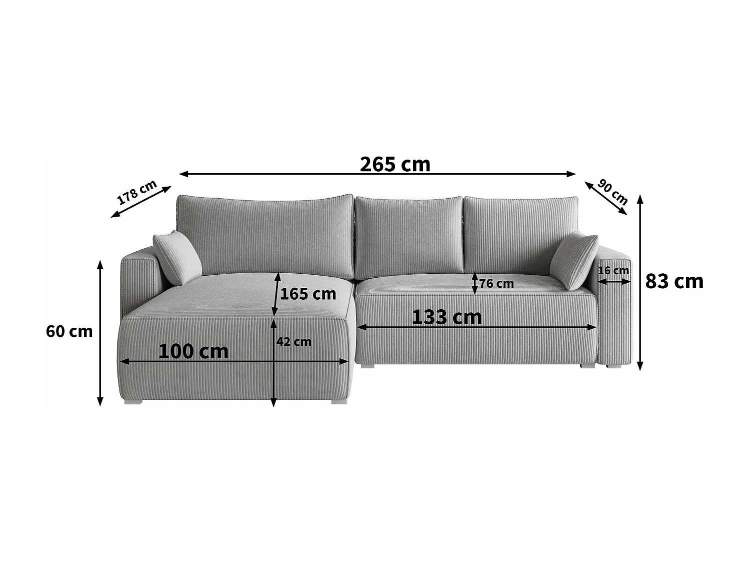 Canapé d'angle FORIL Gris en velours côtelé avec fonction de couchage