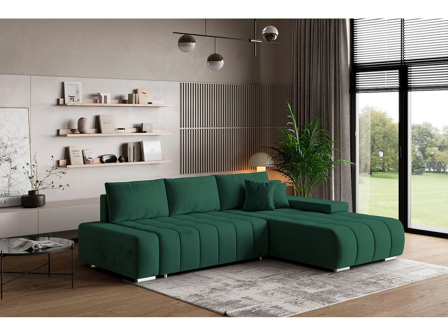 Canapé d'angle ALESE Vert Sapin en velours avec fonction de couchage