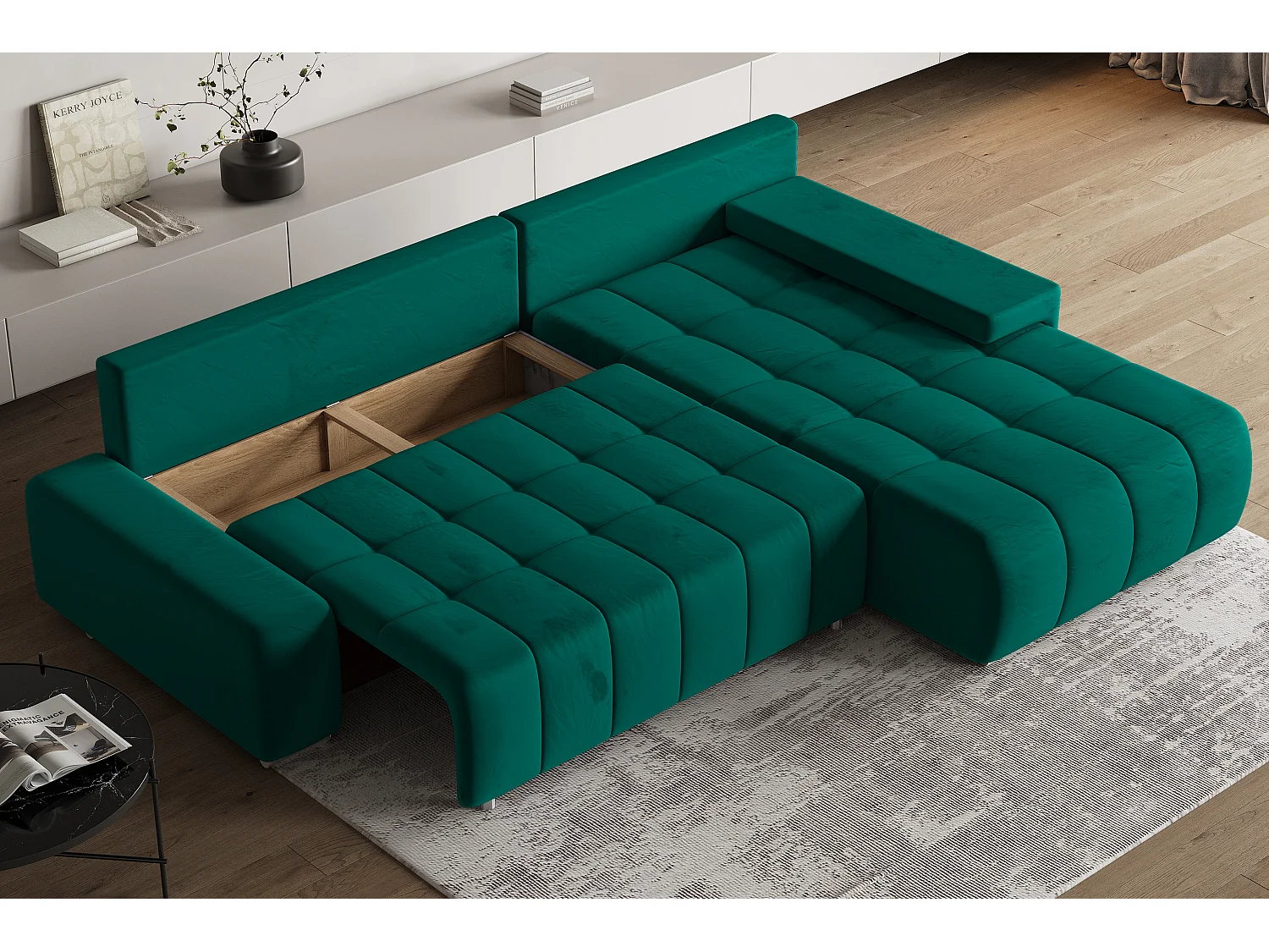 Hoekbank ALESE van fluweel met slaapfunctie Grün