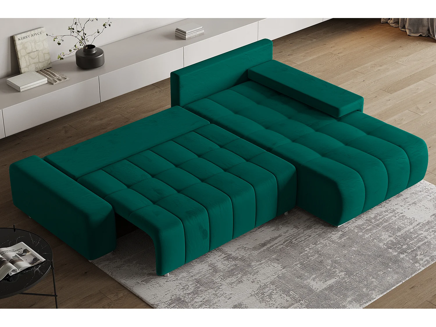 Hoekbank ALESE van fluweel met slaapfunctie Grün