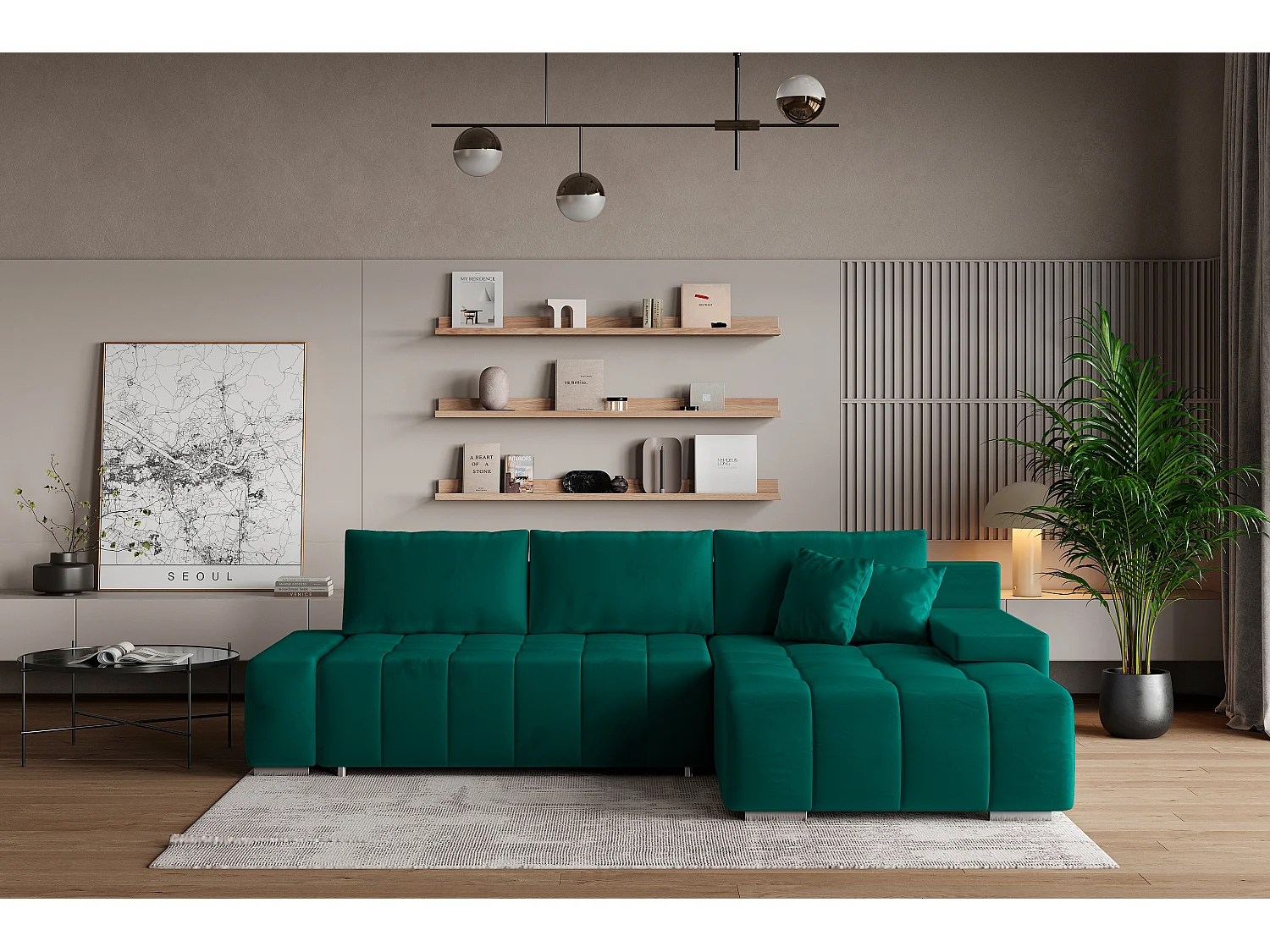 Hoekbank ALESE van fluweel met slaapfunctie Grün