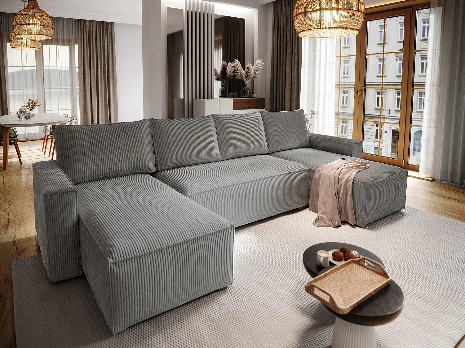 Canapé d'angle ASPRA Gris en velours côtelé avec fonction de couchage