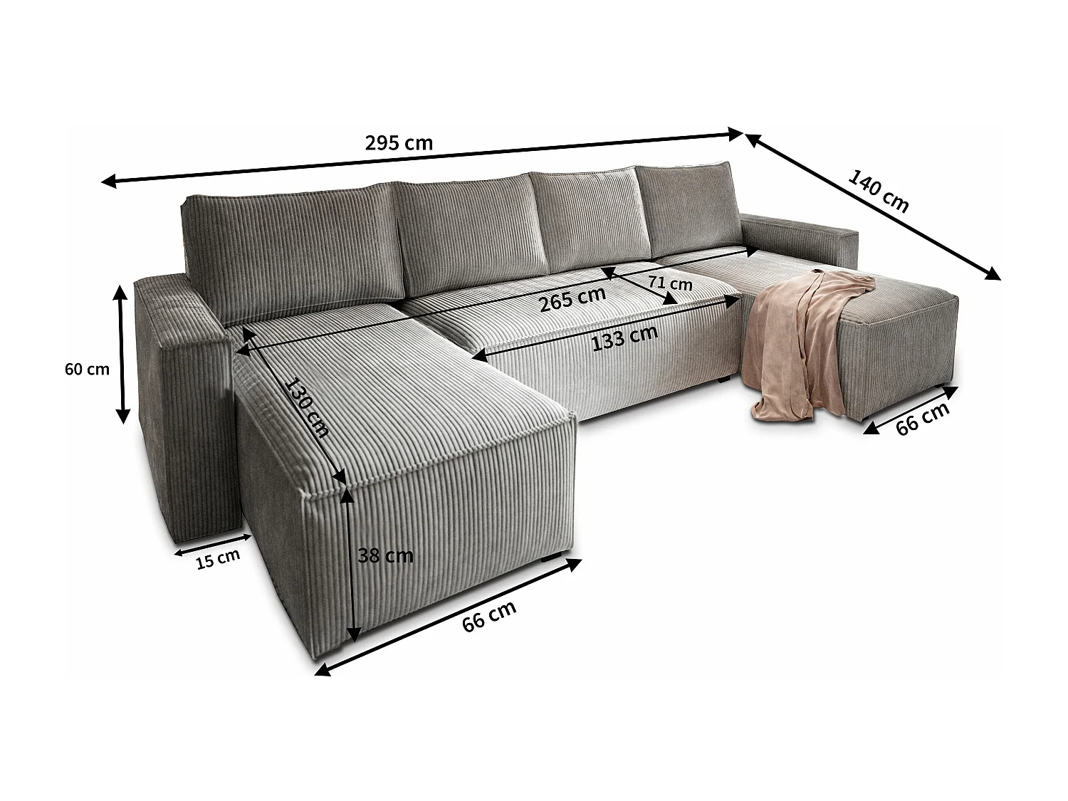 Canapé d'angle ASPRA Gris en velours côtelé avec fonction de couchage