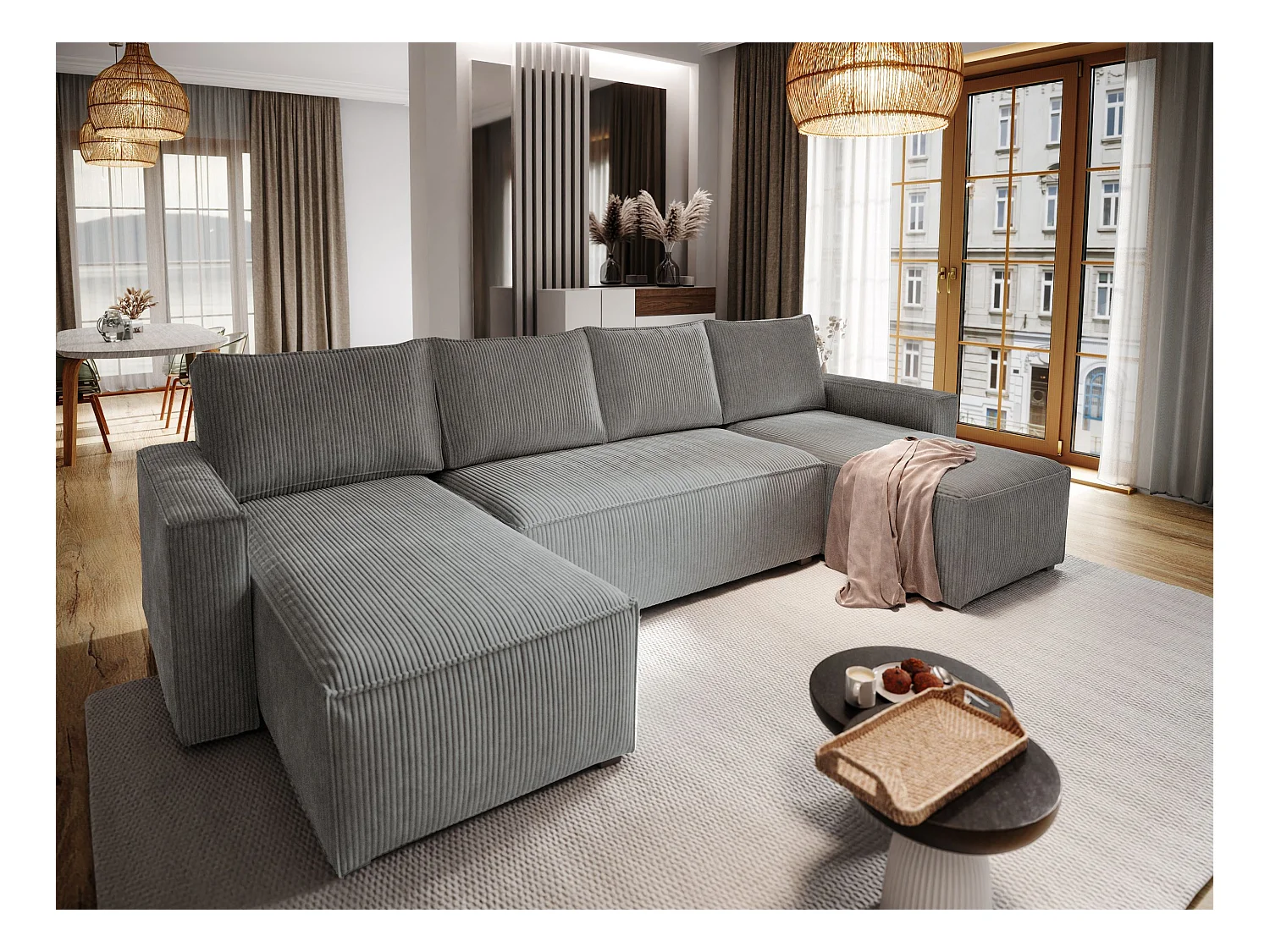 Canapé d'angle ASPRA Gris en velours côtelé avec fonction de couchage