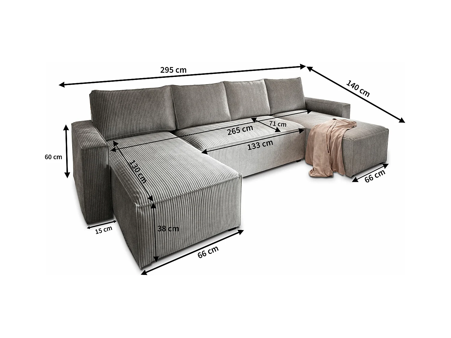 Canapé d'angle ASPRA Gris en velours côtelé avec fonction de couchage