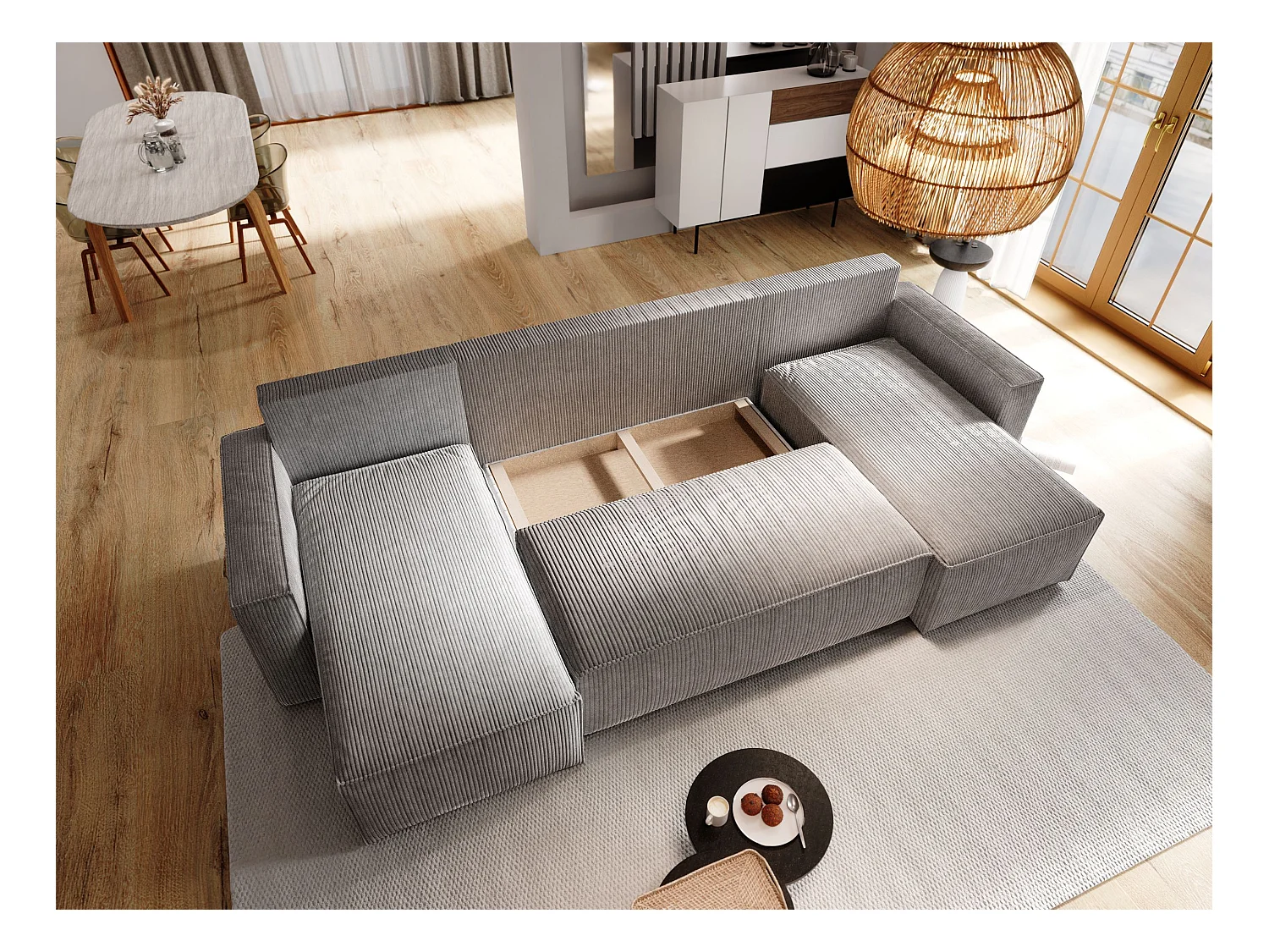 Canapé d'angle ASPRA Gris en velours côtelé avec fonction de couchage