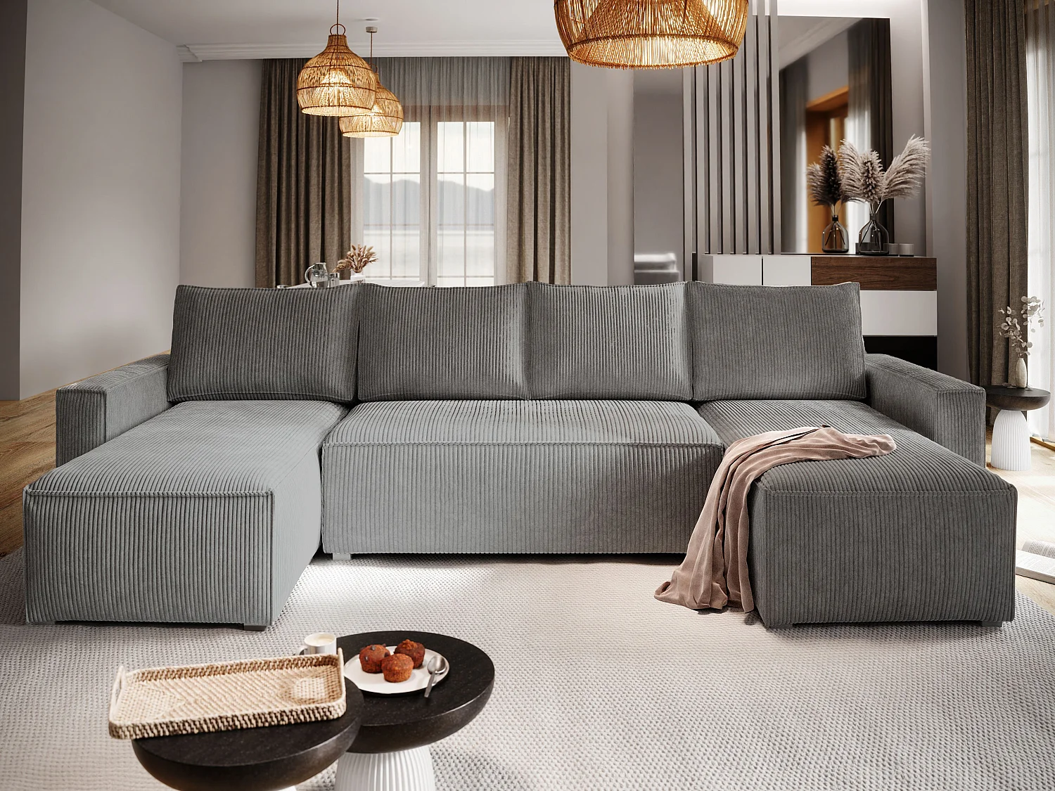 Canapé d'angle ASPRA Gris en velours côtelé avec fonction de couchage