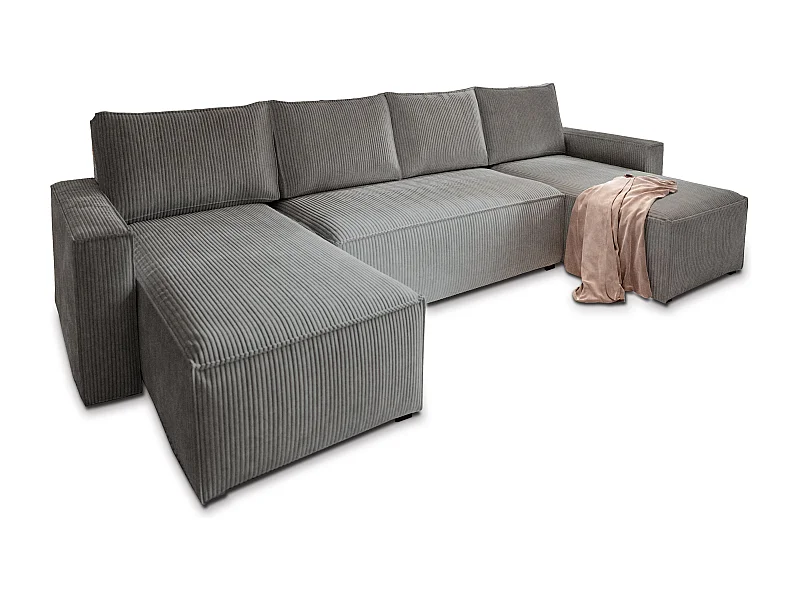 Canapé d'angle ASPRA Gris en velours côtelé avec fonction de couchage