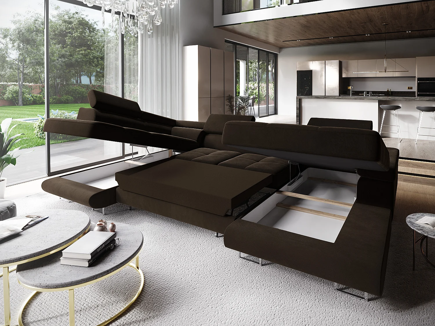 Canapé d'angle CASONE Marron en velours avec fonction de couchage