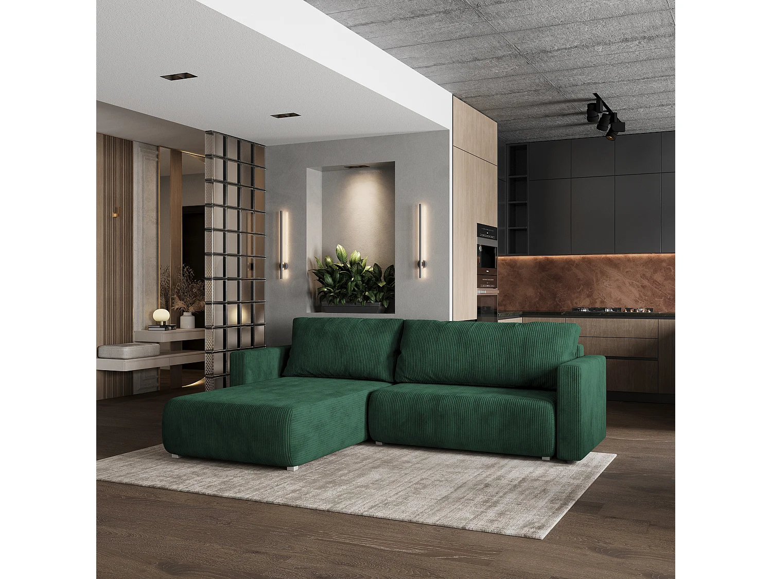 Canapé d'angle TURIN Vert en velours côtelé avec fonction de couchage