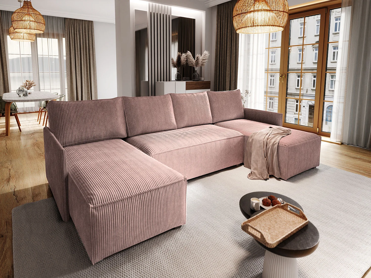 Canapé d'angle TRES Parme en velours côtelé avec fonction de couchage