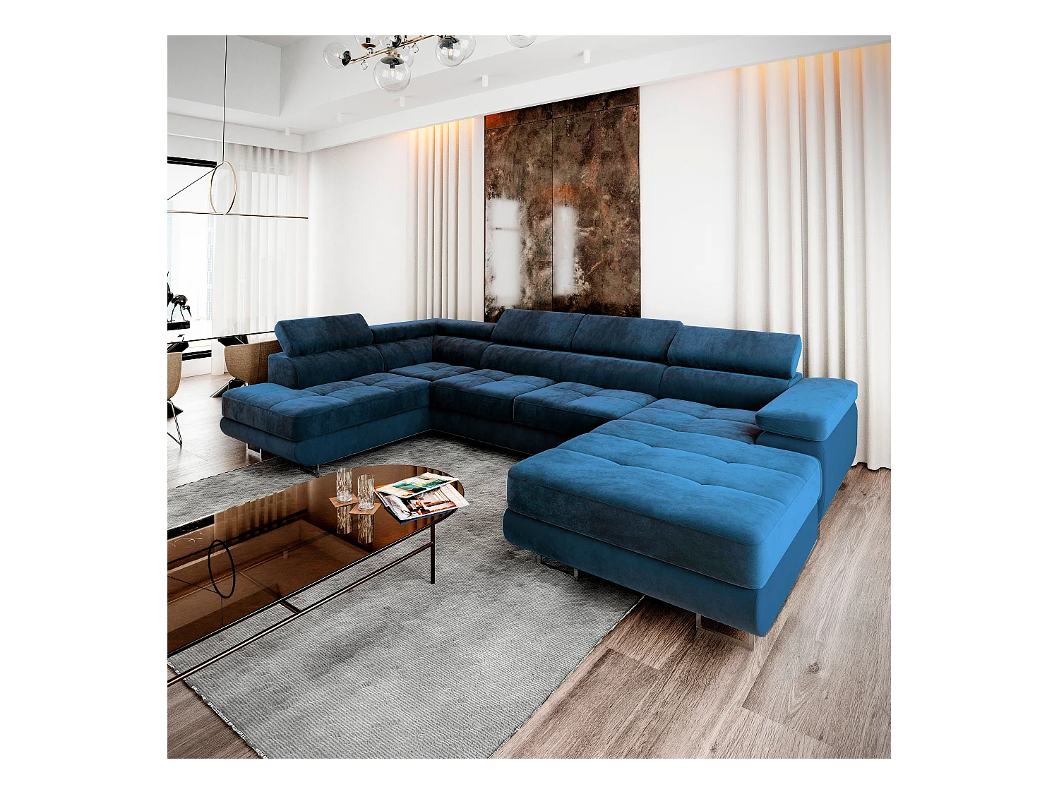 Canapé d'angle CASONE Bleu en velours avec fonction de couchage