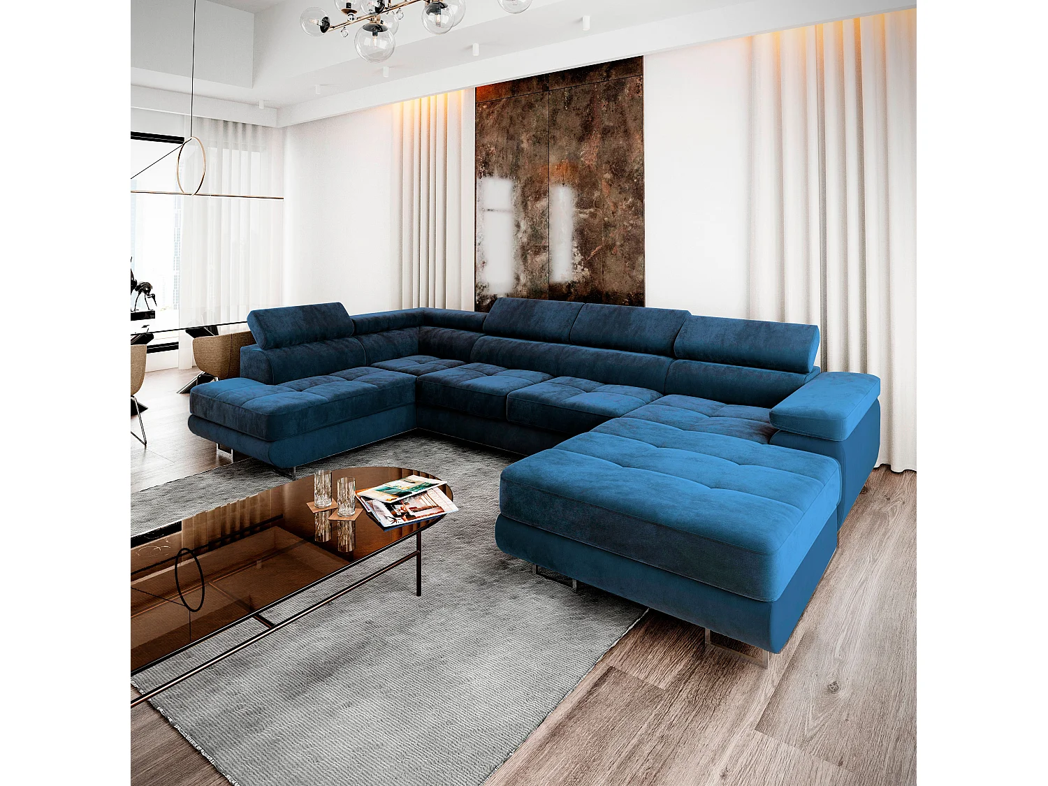 Canapé d'angle CASONE Bleu en velours avec fonction de couchage