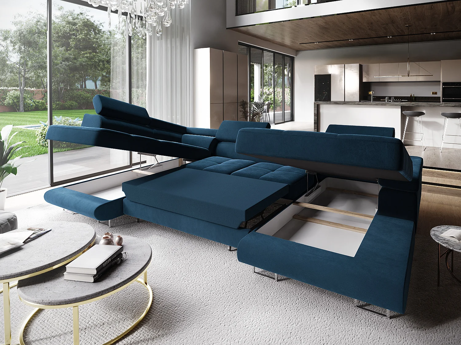 Canapé d'angle CASONE Bleu en velours avec fonction de couchage