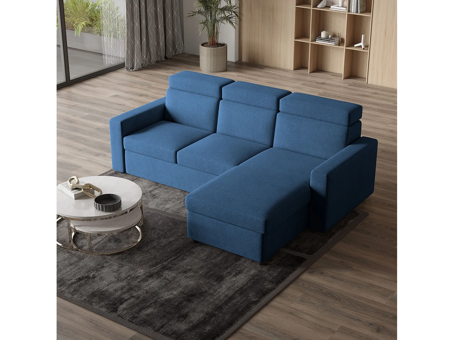 Canapé d'angle PADWA Bleu en velours côtelé avec fonction de couchage