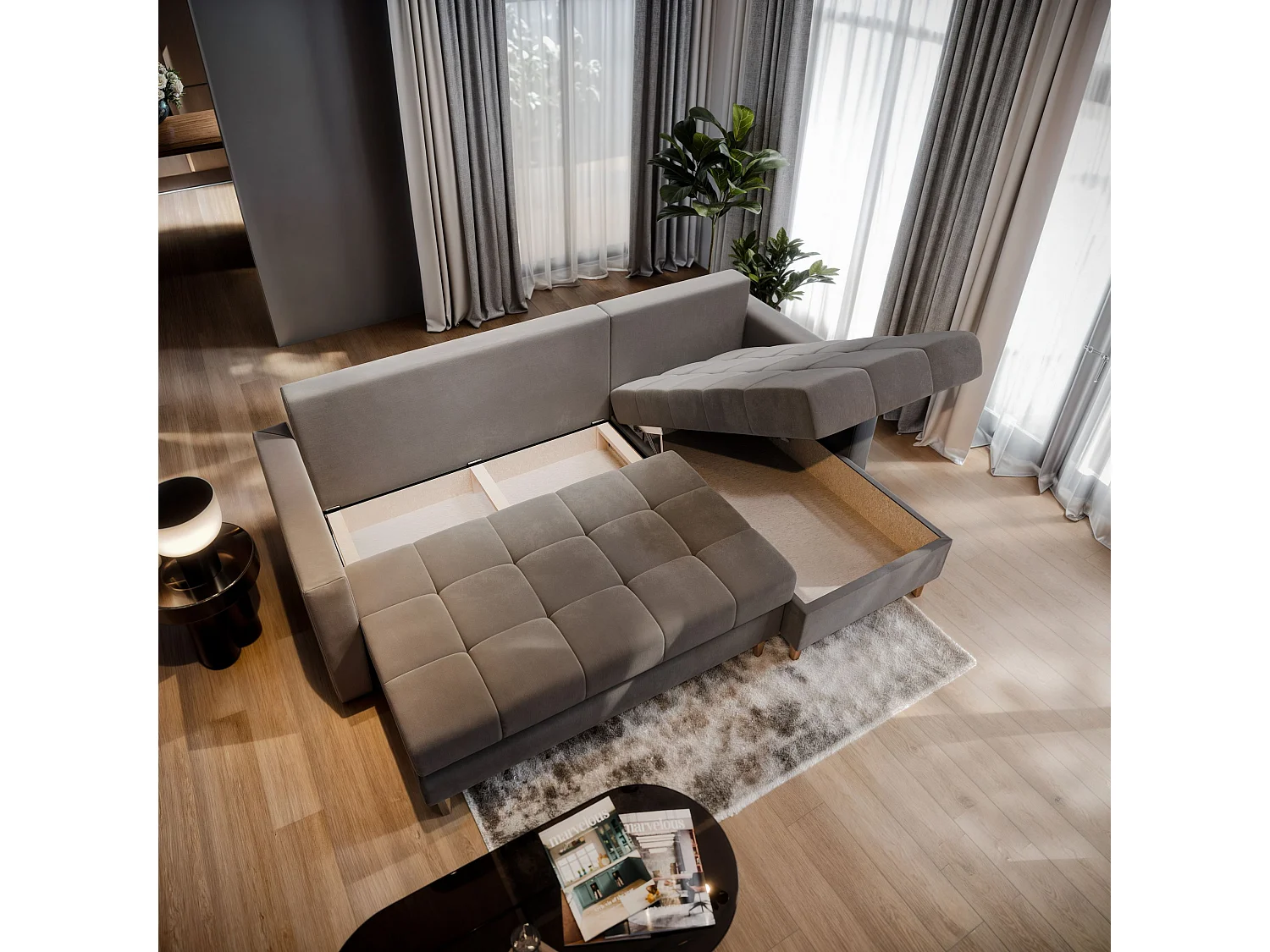 Canapé d'angle MILO Beige en peluche avec fonction de couchage