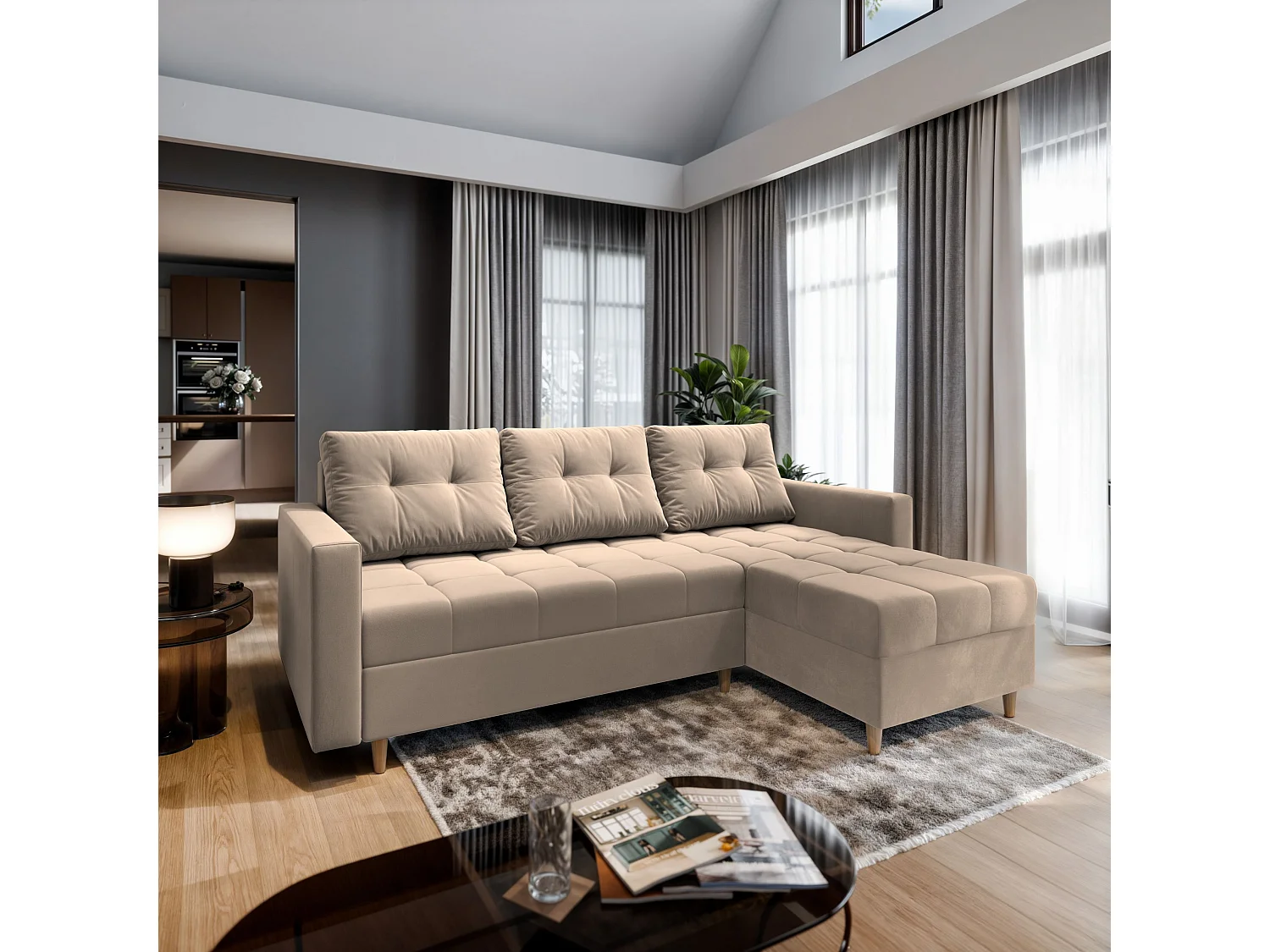 Canapé d'angle MILO Beige en peluche avec fonction de couchage