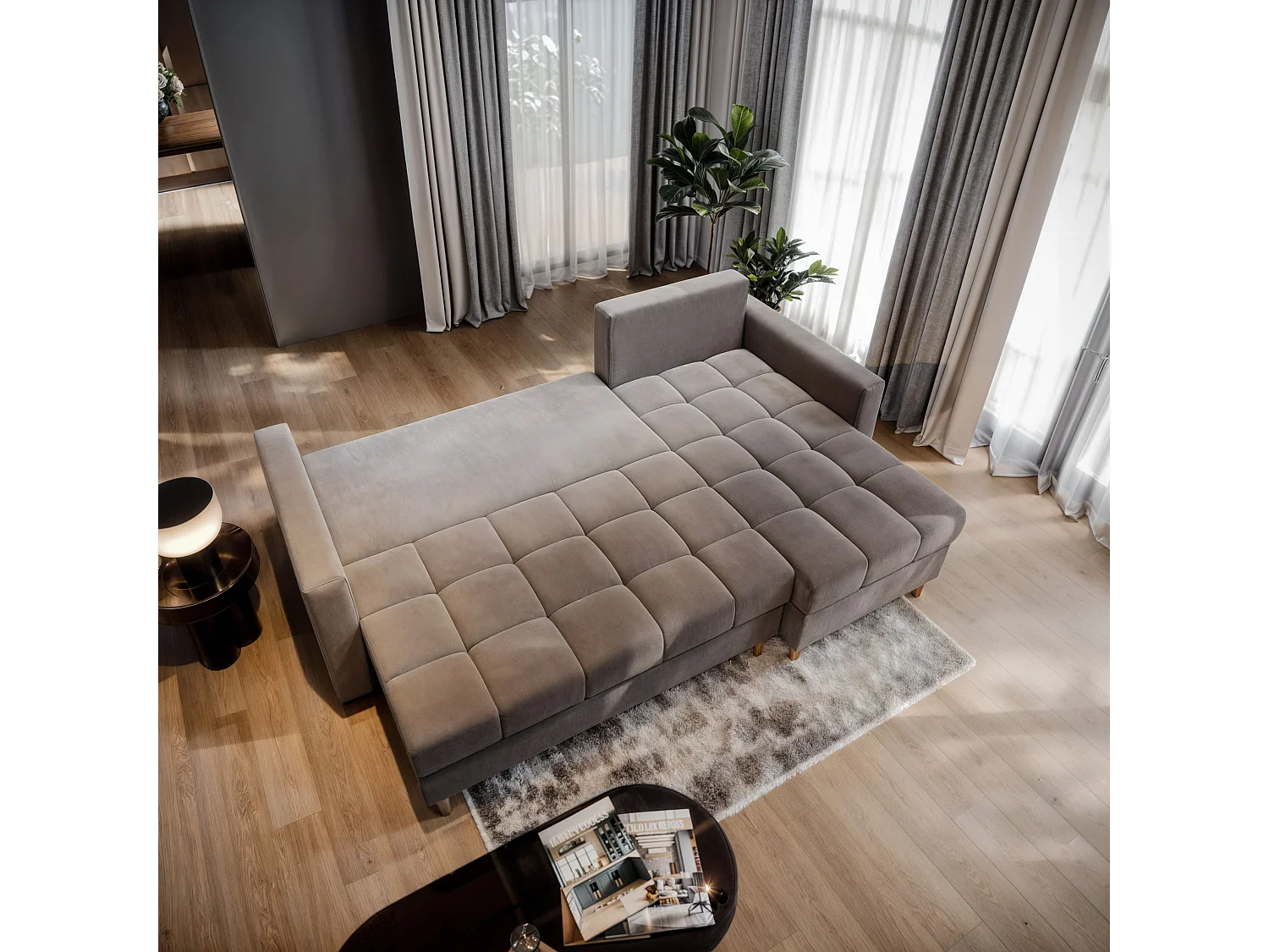 Canapé d'angle MILO Beige en peluche avec fonction de couchage