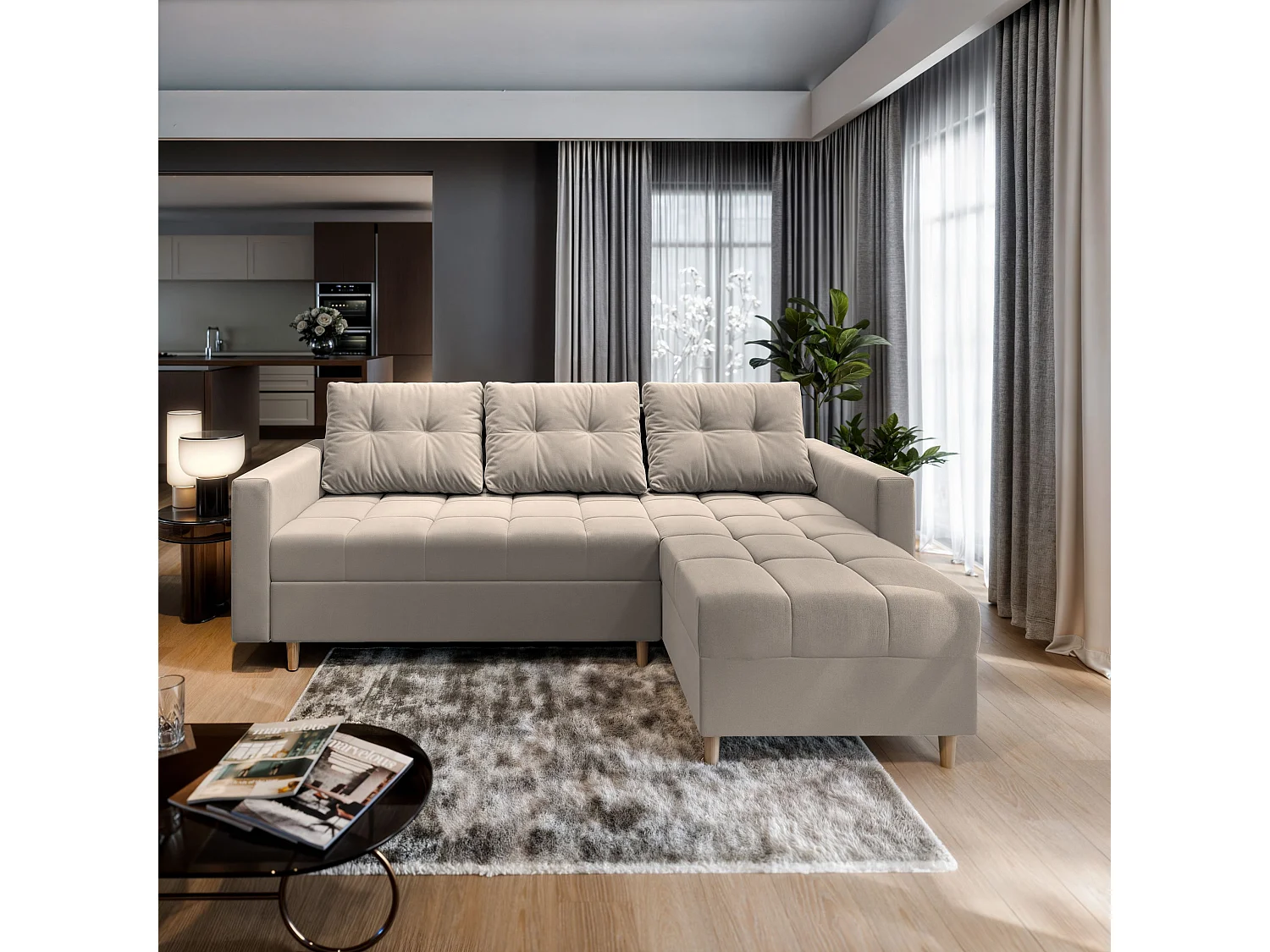 Canapé d'angle MILO Beige en peluche avec fonction de couchage