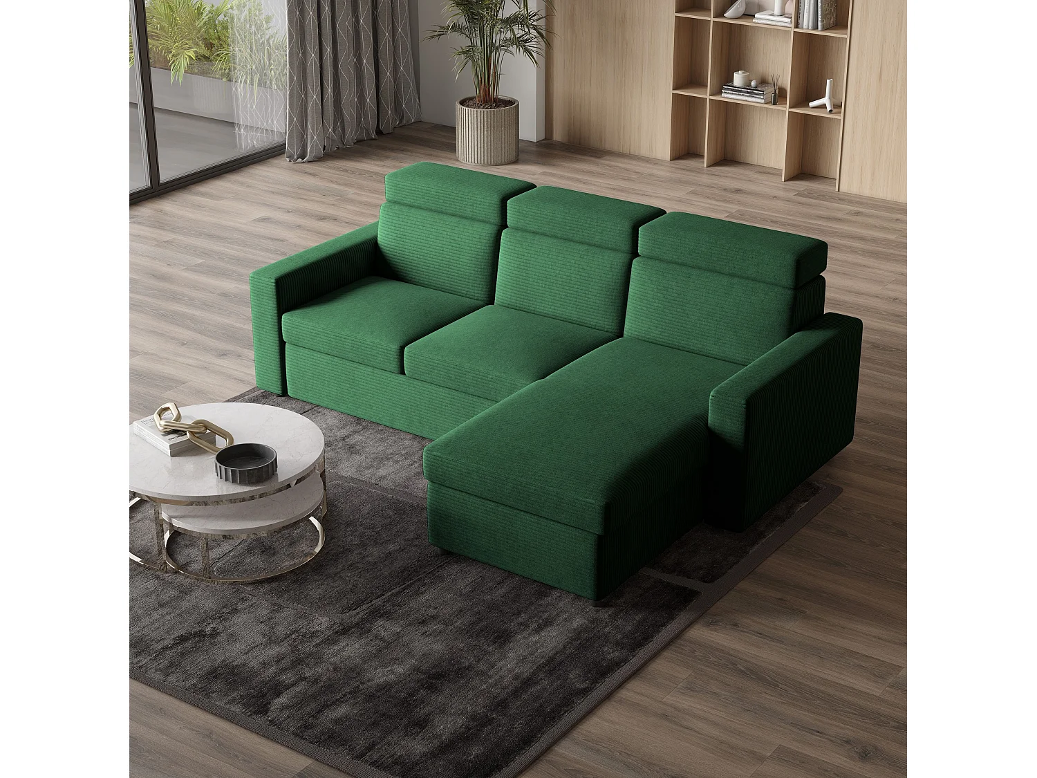 Canapé d'angle PADWA Vert en velours côtelé avec fonction de couchage