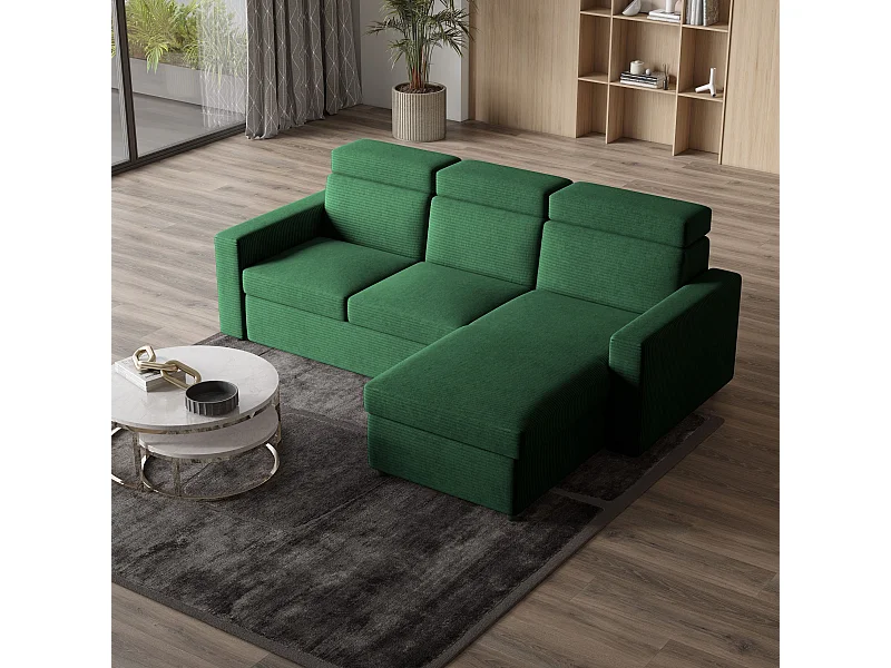 Canapé d'angle PADWA Vert en velours côtelé avec fonction de couchage
