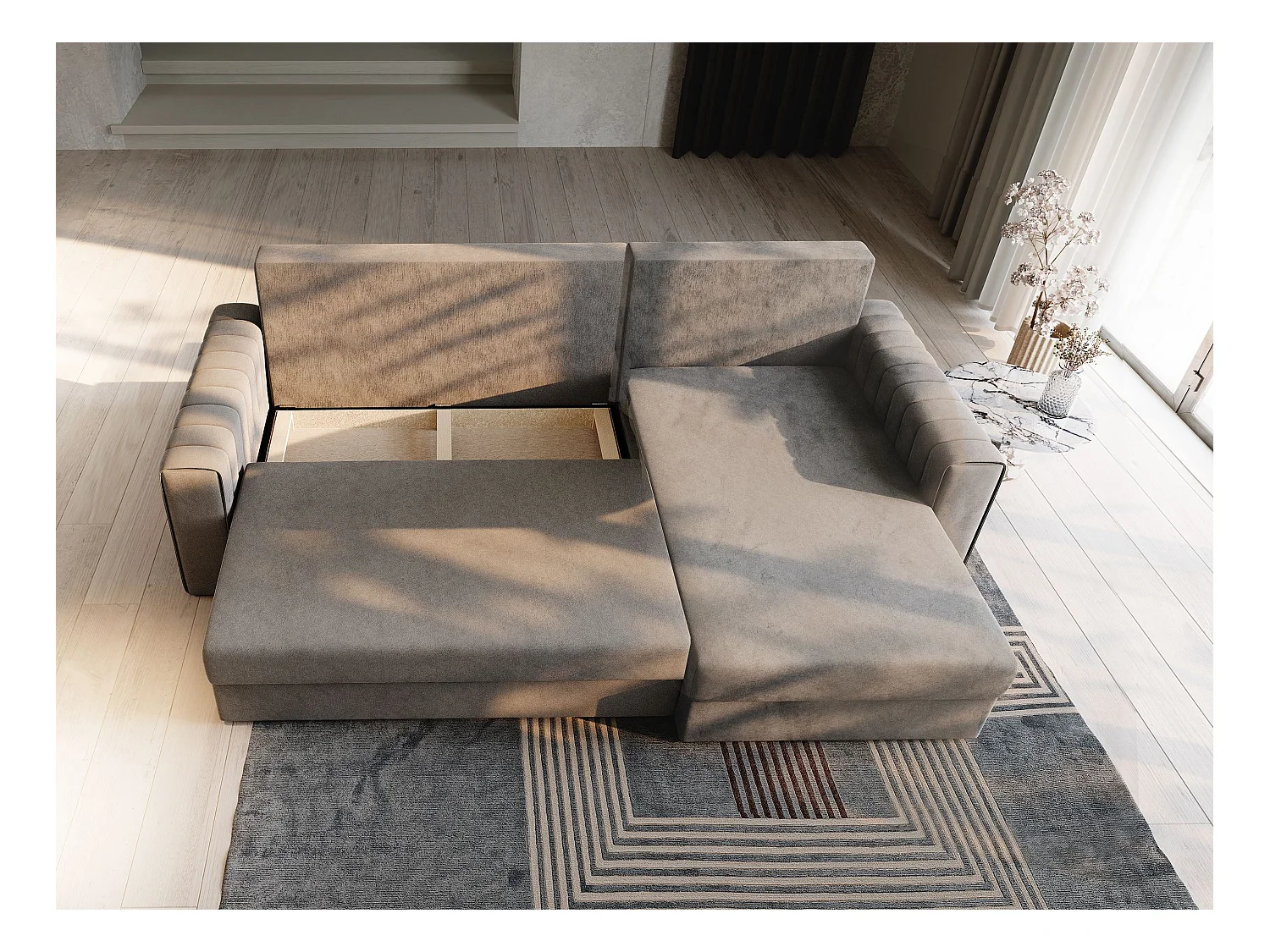 Canapé d'angle CARL Gris clair en peluche avec fonction de couchage